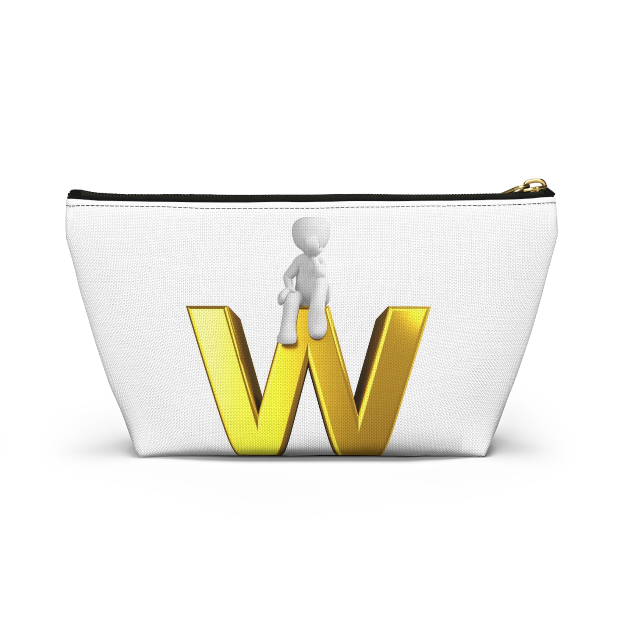 Gold Letter W with Sitting Figure Accessory Pouch | Initial Makeup Bag
