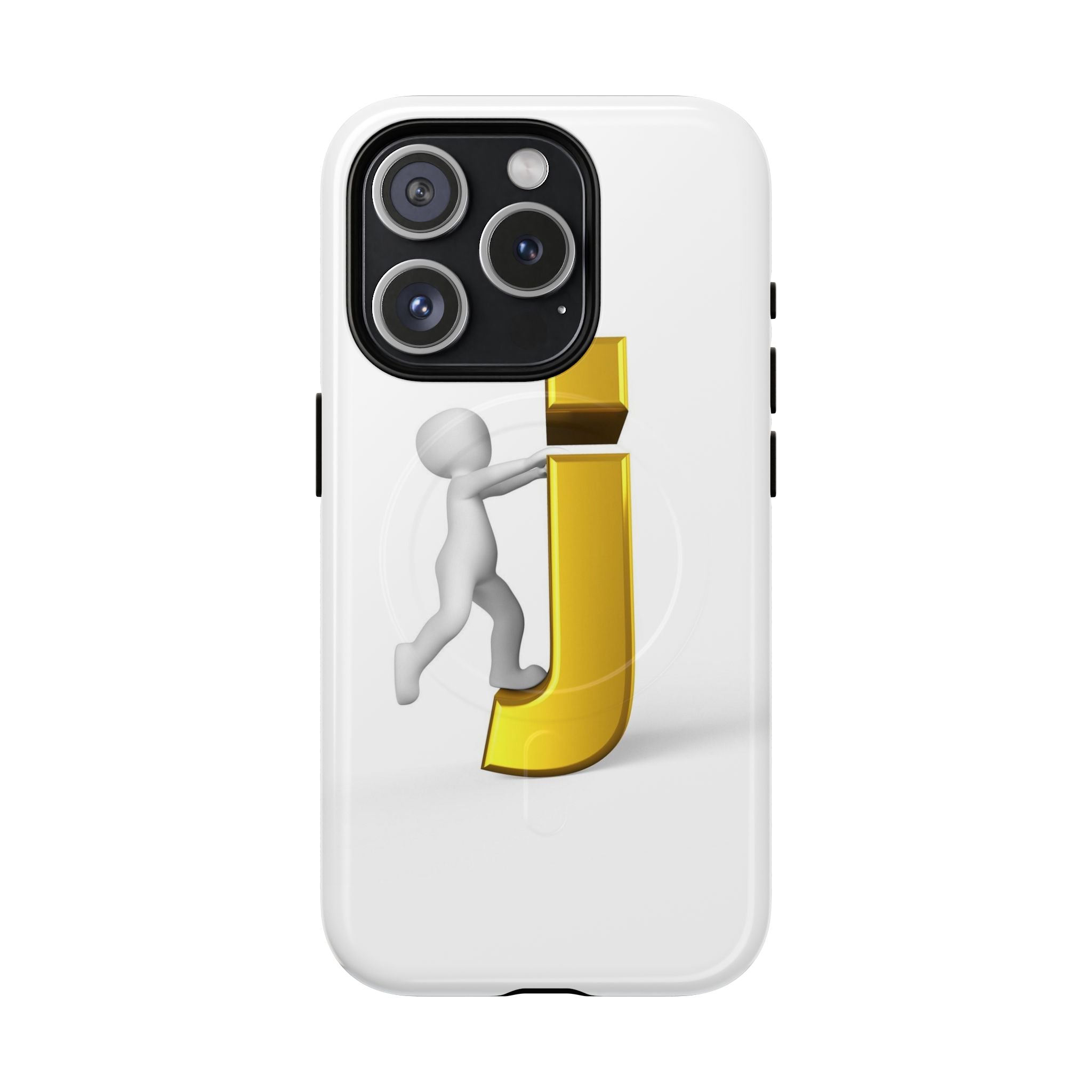 Coque de téléphone 3D Bonhomme allumette Poussant la lettre J dorée | Coque magnétique robuste