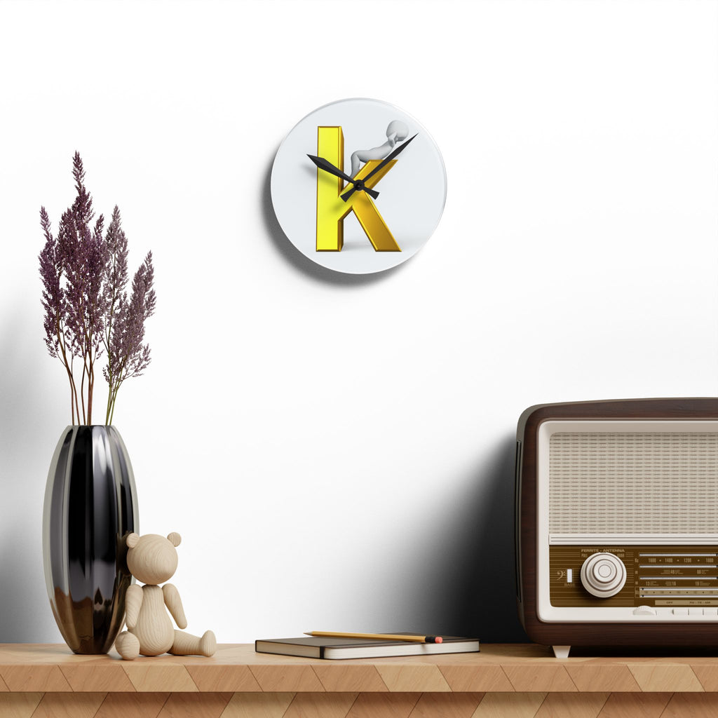 Gold Letter K with Figure Acrylic Wall Clock | Monogram Initial Decor