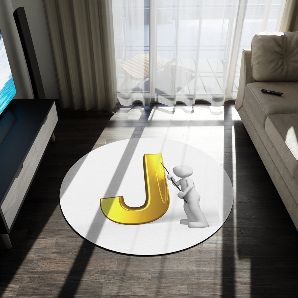 Gold Letter J with Figure Round Rug | Initial Monogram Home Decor