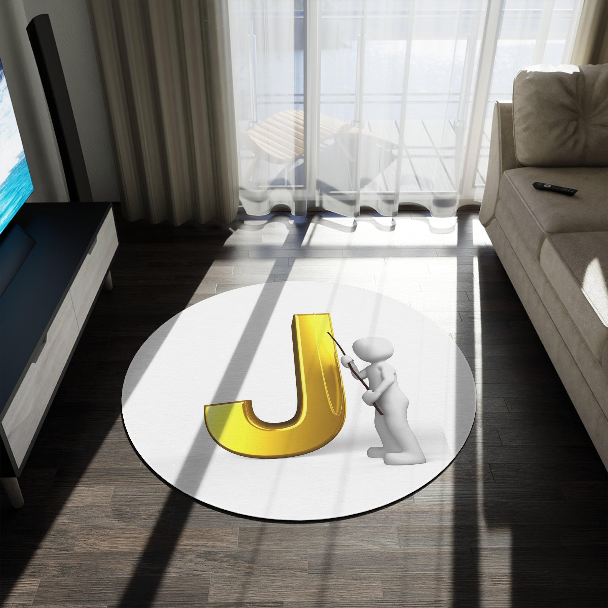 Gold Letter J with Figure Round Rug | Initial Monogram Home Decor