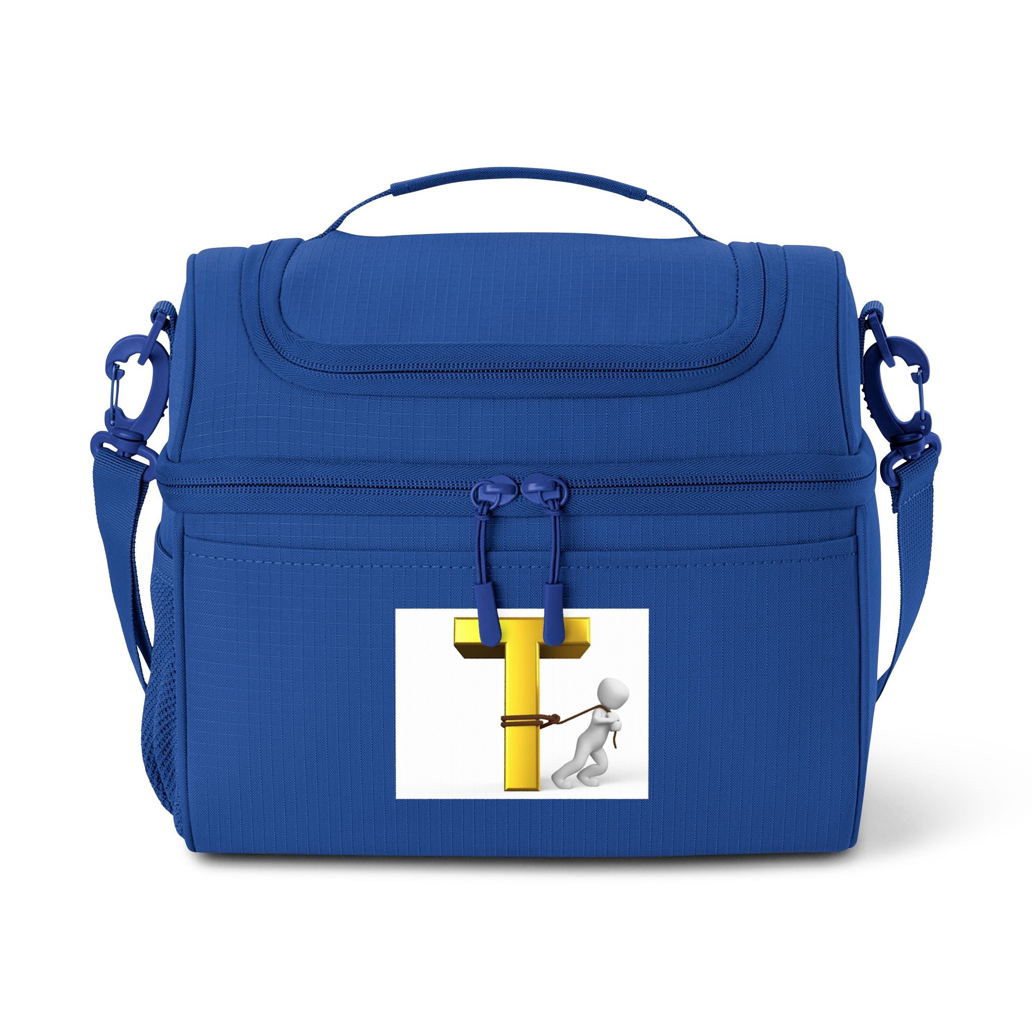 Sac isotherme avec bonhomme allumette 3D tirant la lettre T jaune | Sac isotherme repas personnalisé avec initiale