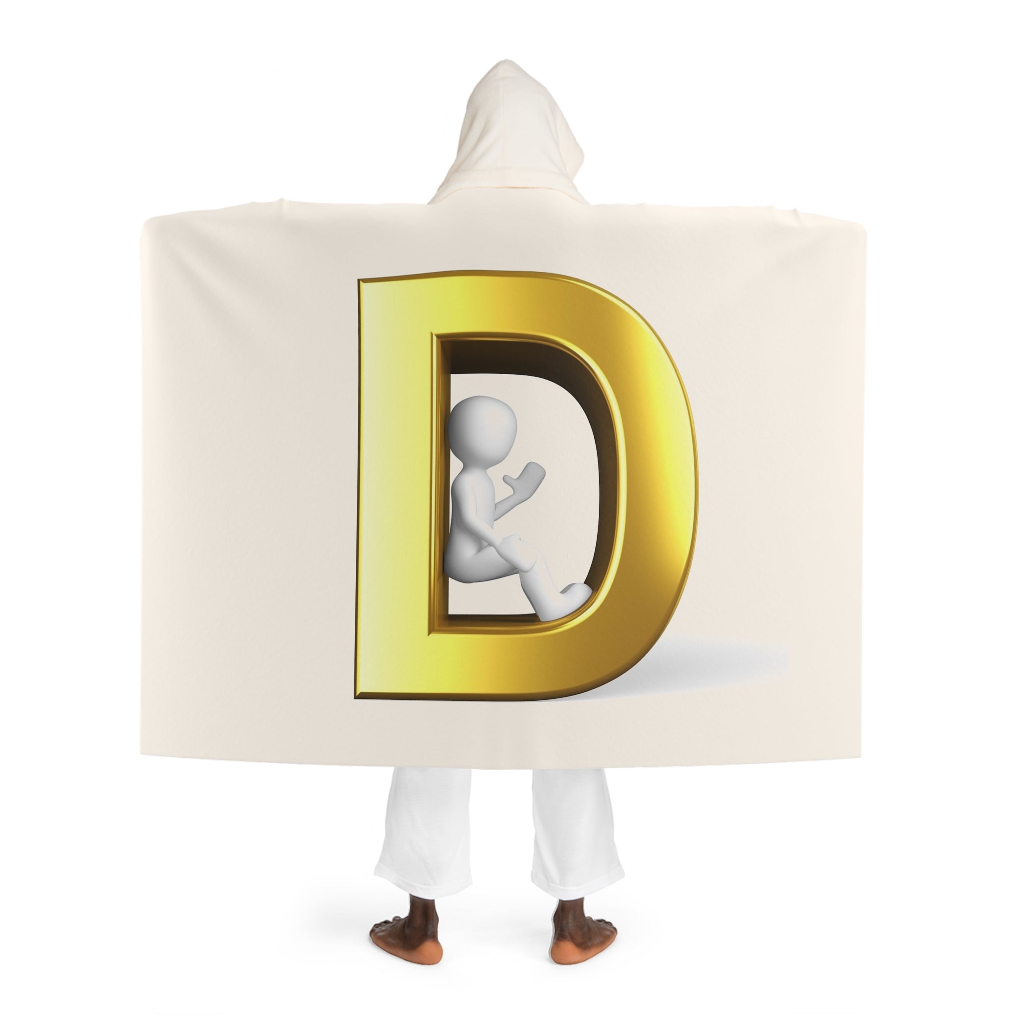 Cream Hooded Sherpa Fleece Blanket | Gold Letter D With Figure