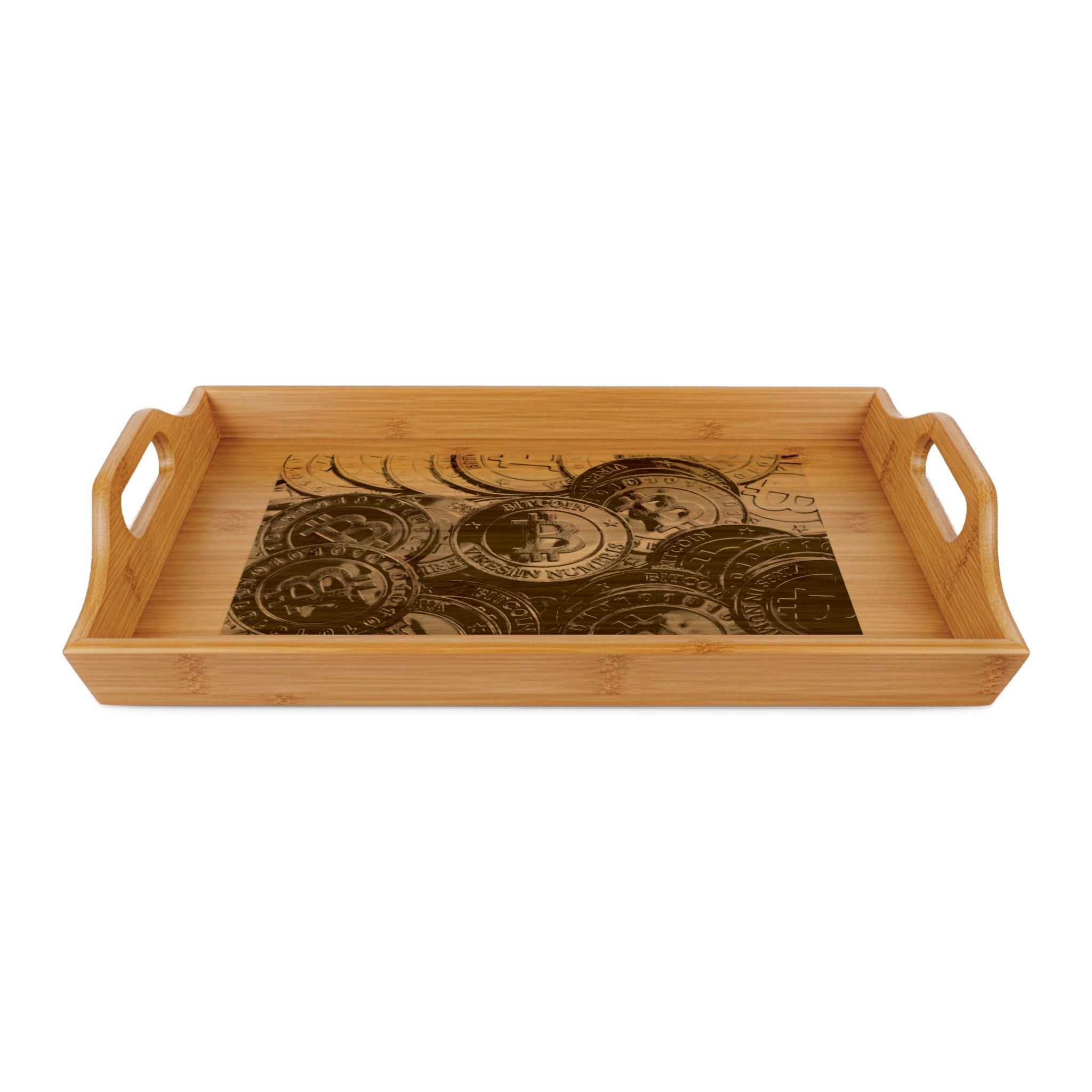 Plateau de service en bambou gravé, motif pièces de cryptomonnaie vintage | Plateau décoratif en bois