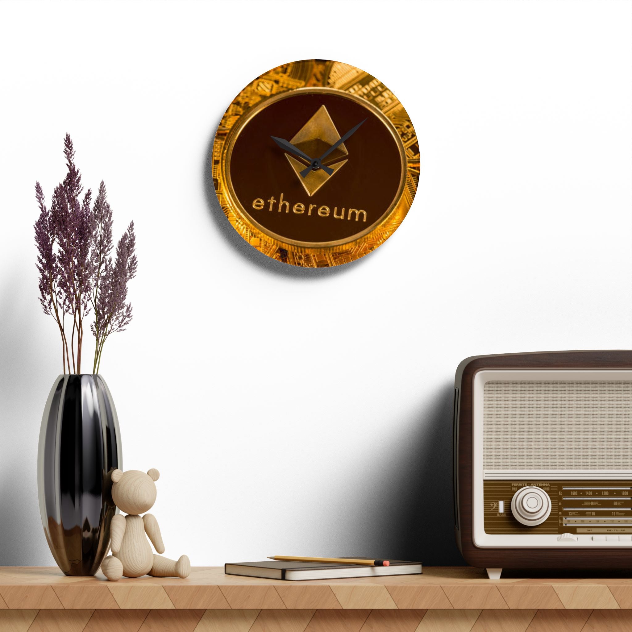 Ethereum Coin Acrylic Wall Clock | Crypto Logo Clock, Blockchain Decor