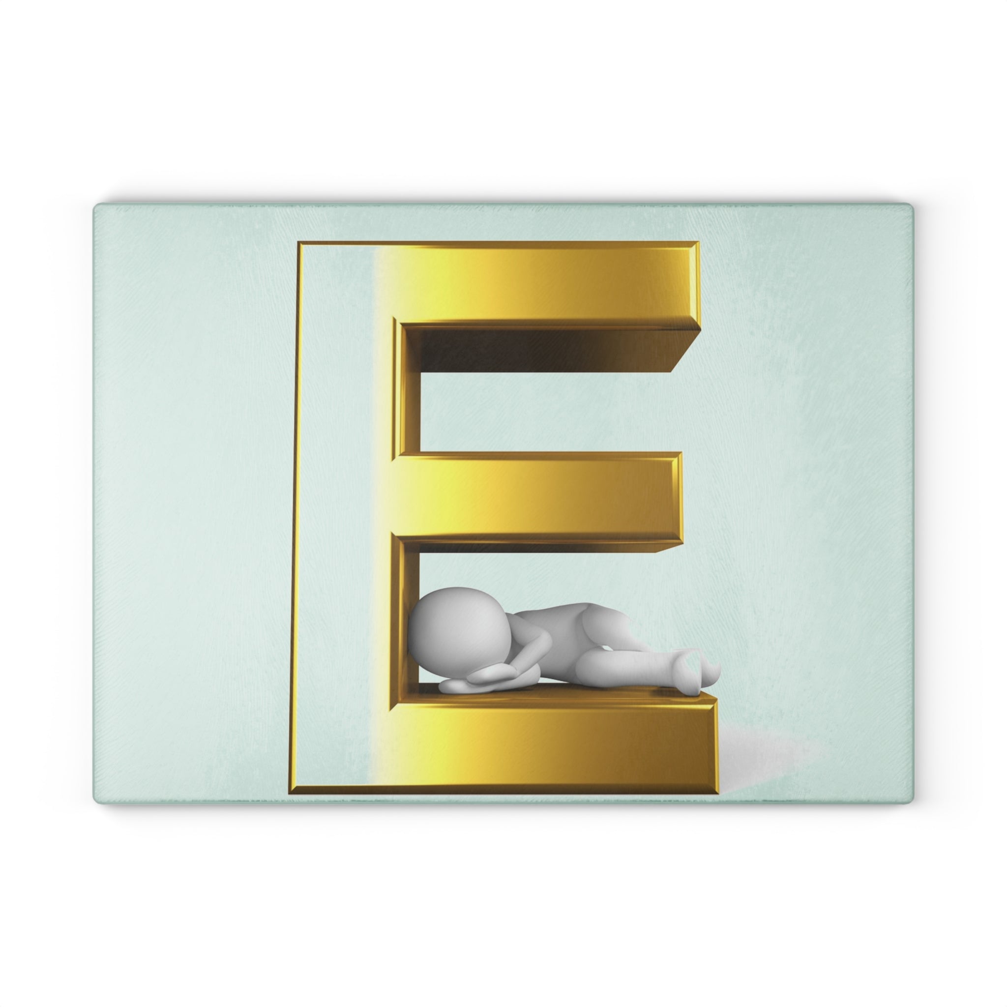 Gold 3D Letter E with Sleeping Figure Glass Cutting Board | Monogram Initial