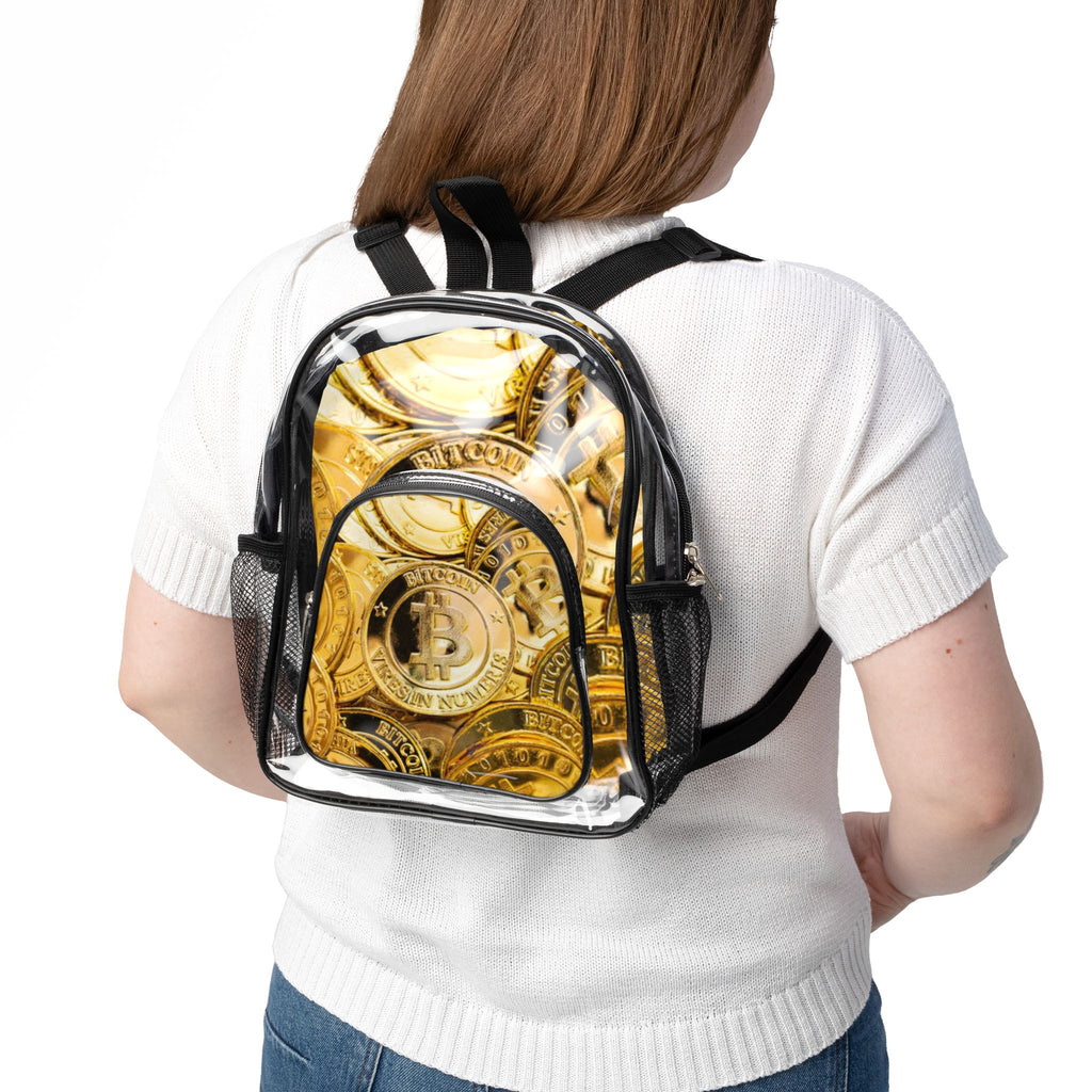 Gold Bitcoin Coins Clear Stadium Backpack | Transparent Coin Print Backpack