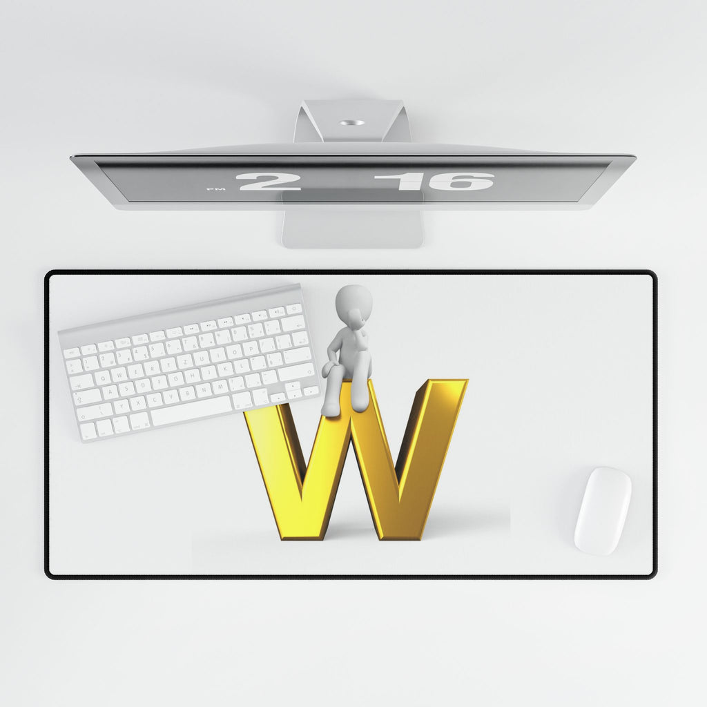 3D Gold Letter W with Stick Figure Desk Mat | Large Gaming Mousepad