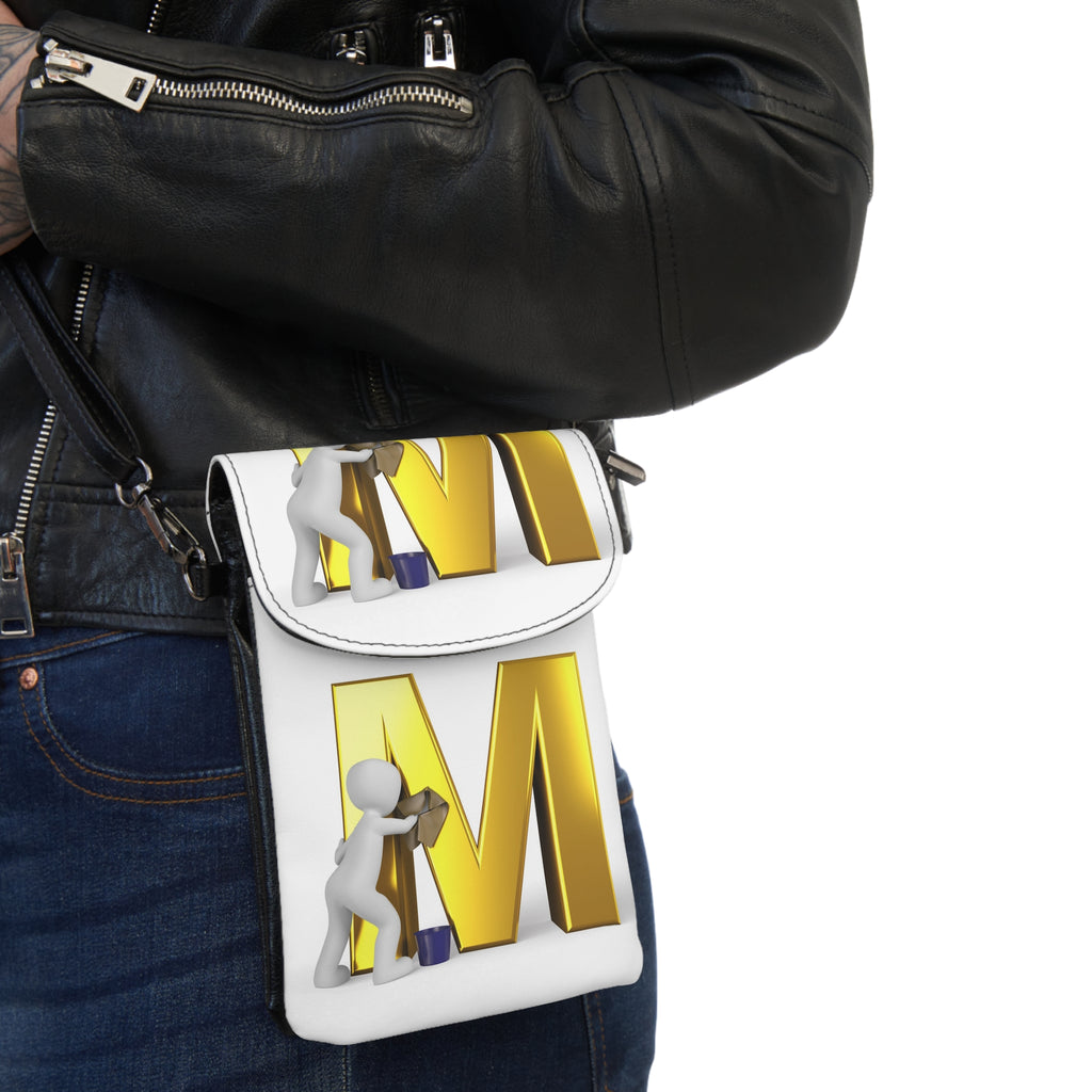 3D Character Pushing Gold Letter M Small Cell Phone Wallet | Crossbody Phone Purse