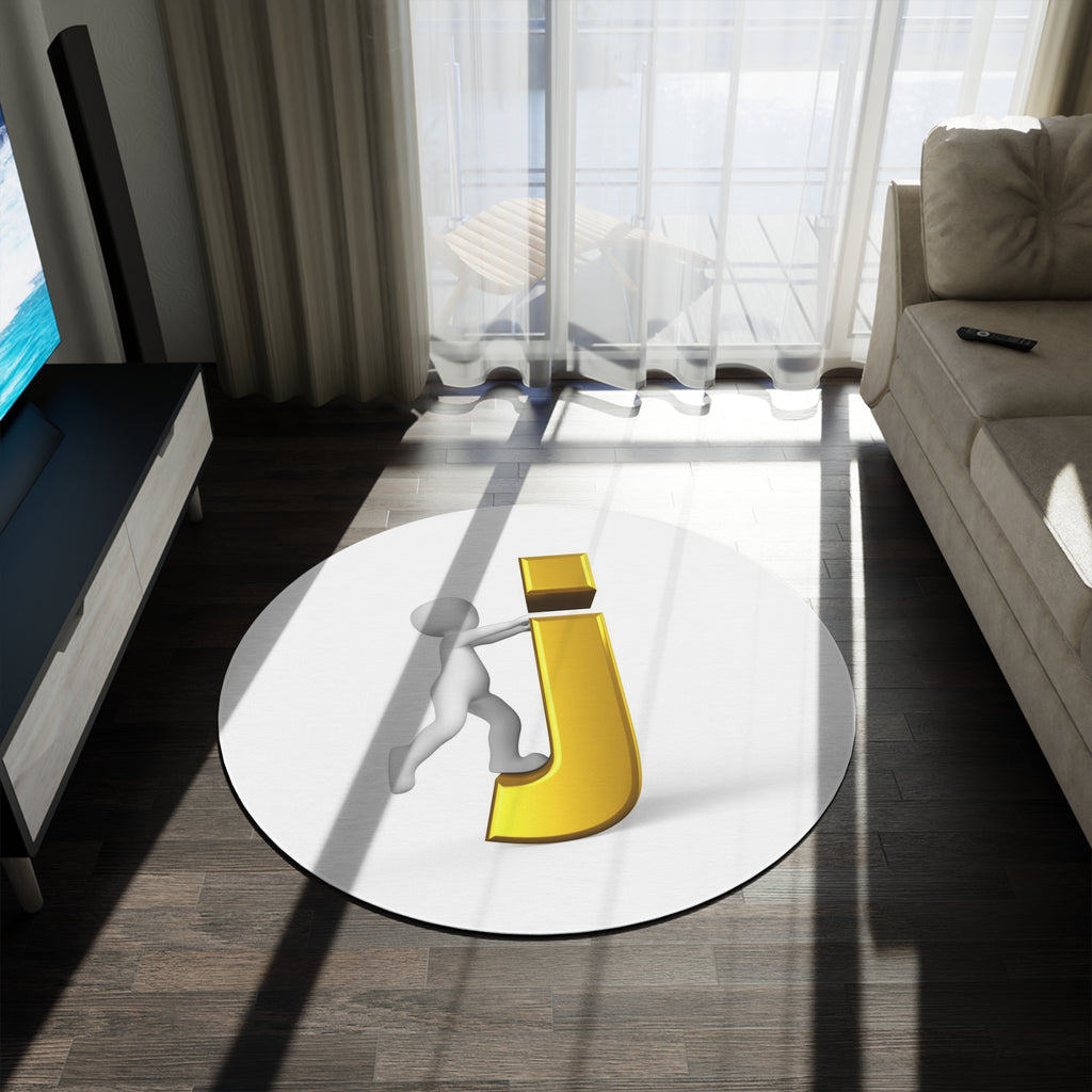 3D Stick Figure Pushing Gold Letter J round rug | Monogram Initial Decor