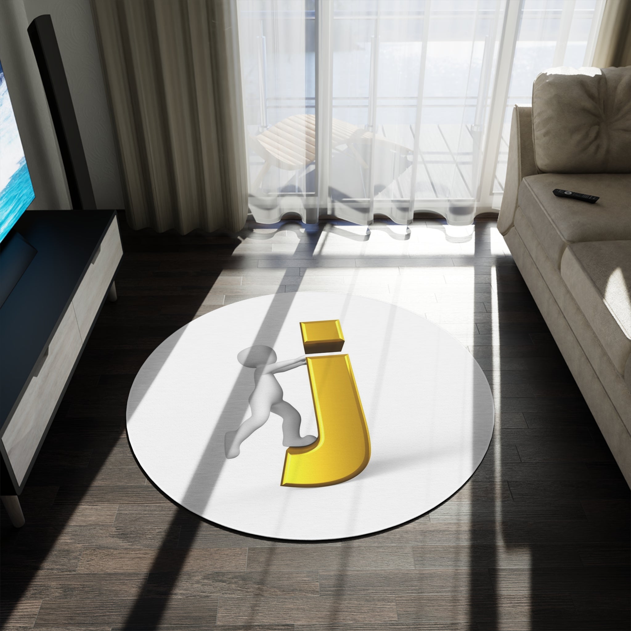 3D Stick Figure Pushing Gold Letter J round rug | Monogram Initial Decor