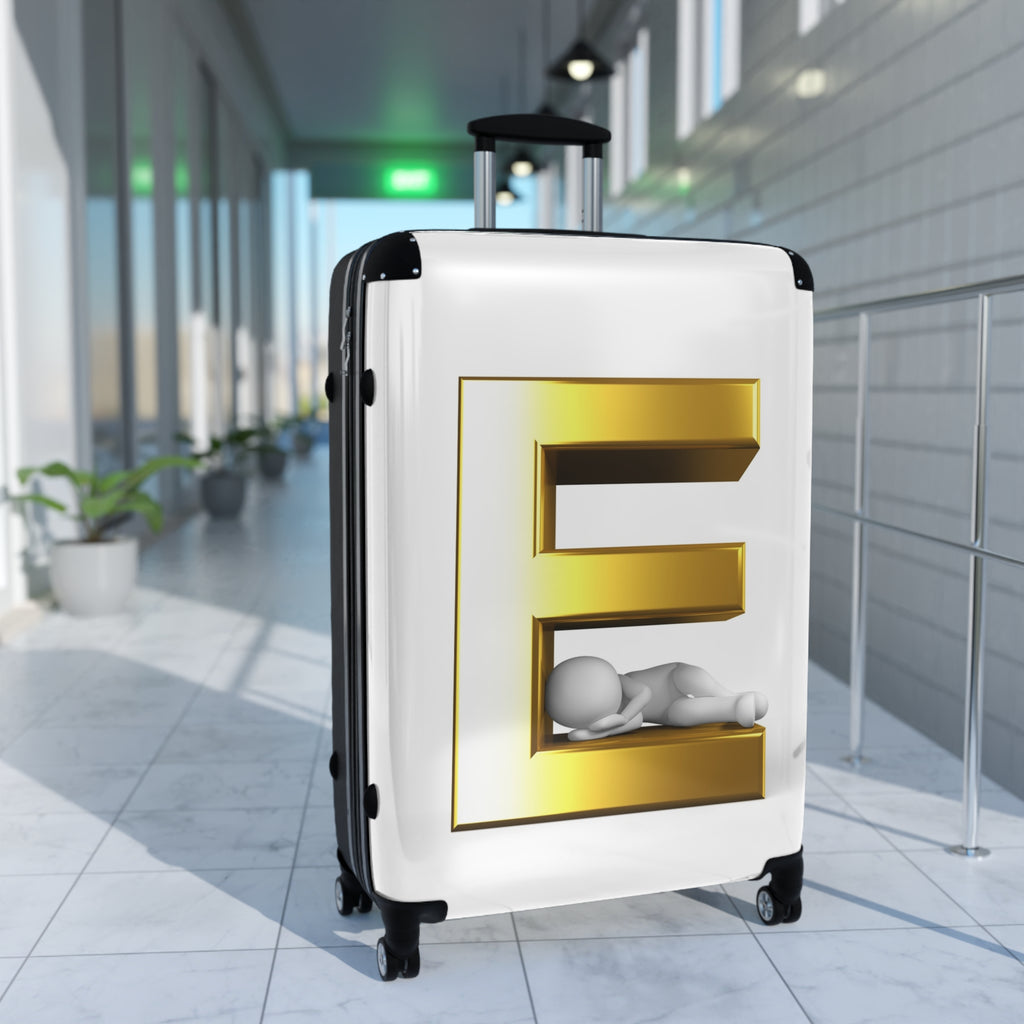 Gold 3D Letter E with Sleeping Figure Suitcase | Personalized Monogram Luggage