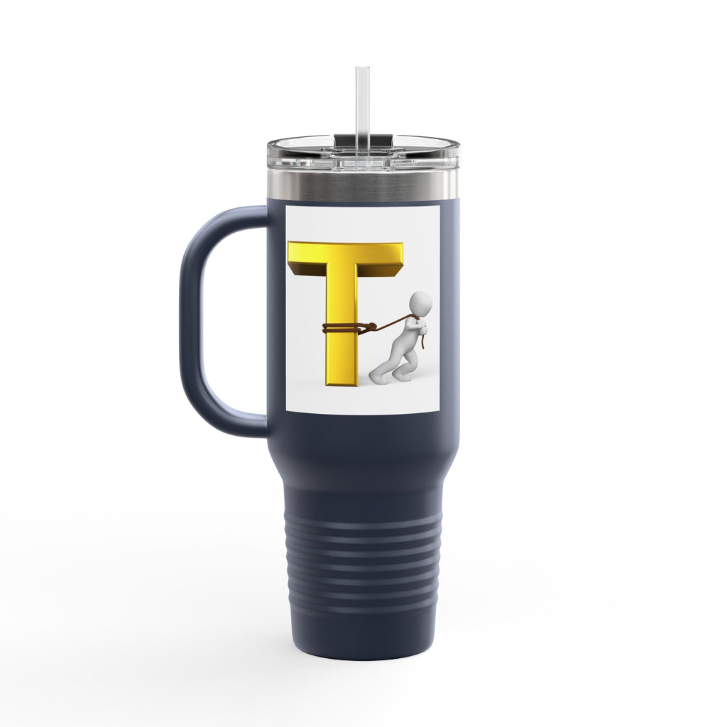 3D Stick Figure Pulling Gold Letter T Travel Mug | 40oz Insulated Tumbler