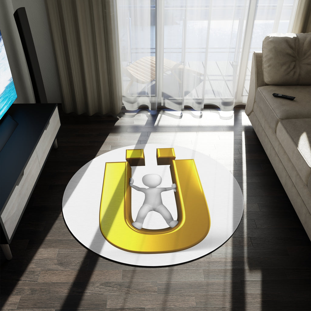 Gold Letter Ü with Figure Round Rug | Monogram Initial Floor Mat
