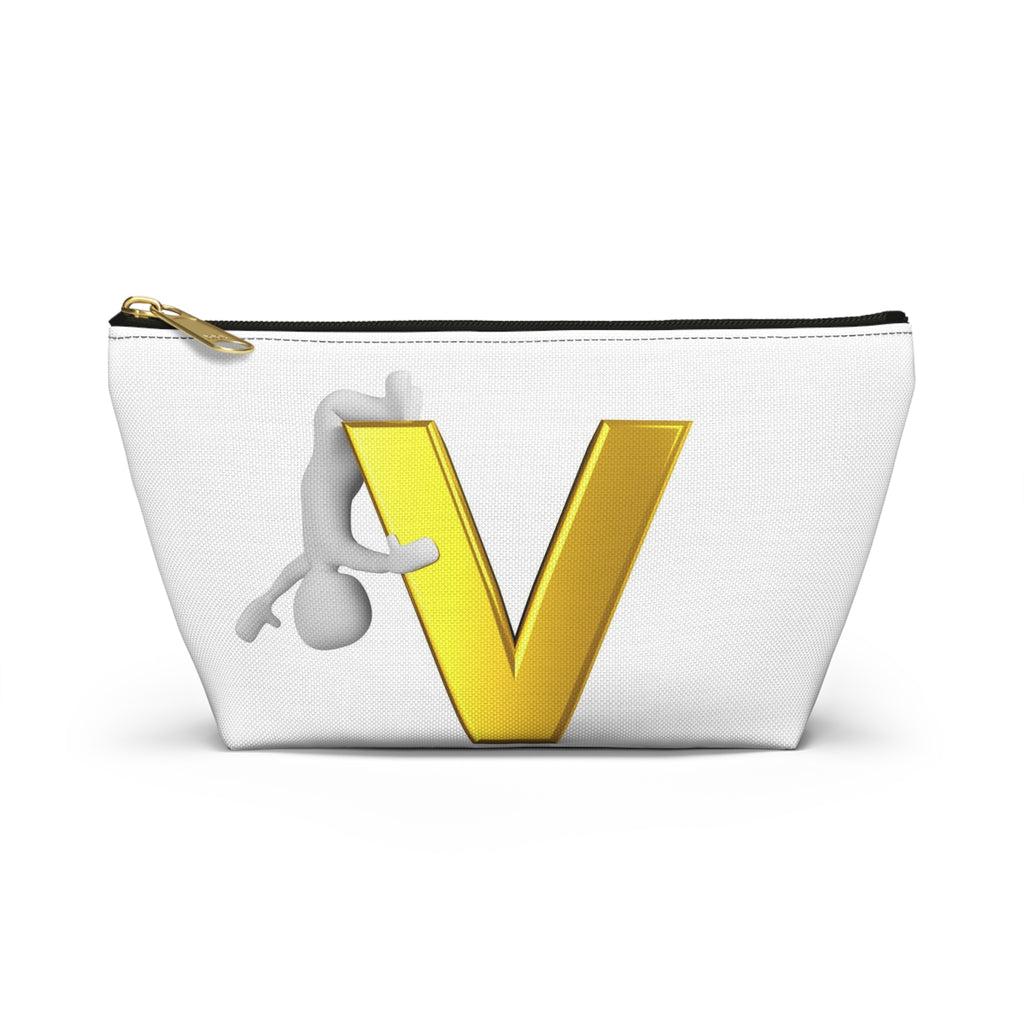Gold Letter V with Hanging Stick Figure Accessory Pouch