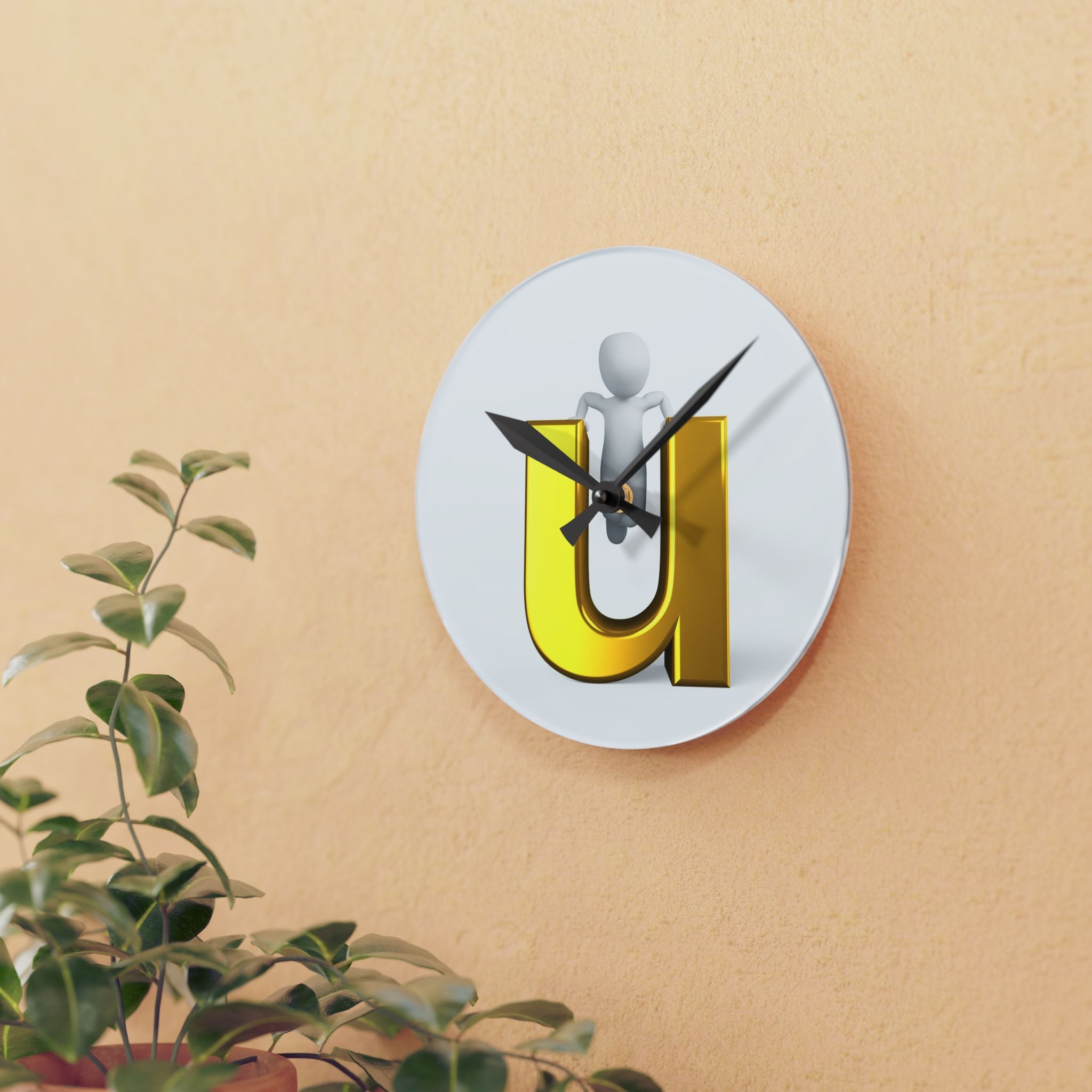 3D Gold Letter U with Figure Acrylic Wall Clock | Modern Alphabet Home Decor