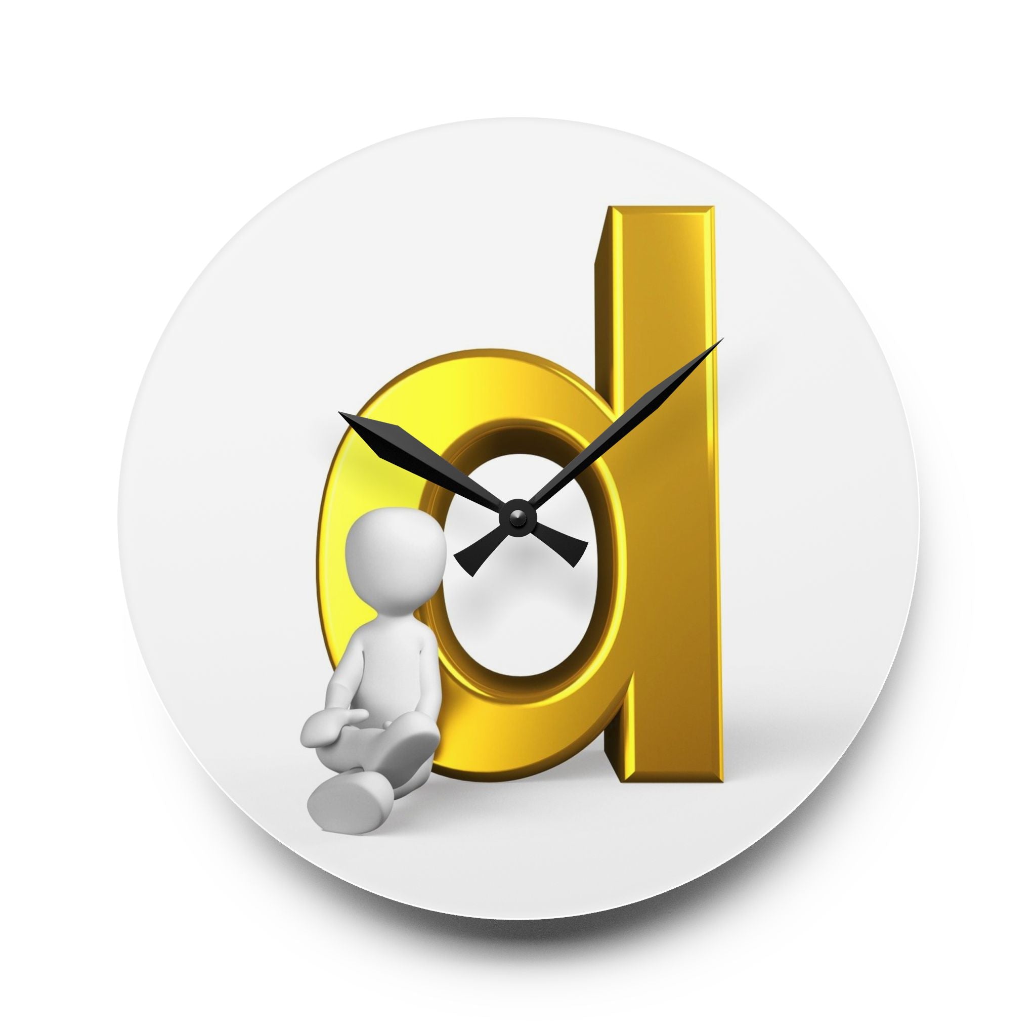 3D Gold Letter d with Sitting Figure Acrylic Wall Clock | Modern Alphabet Decor