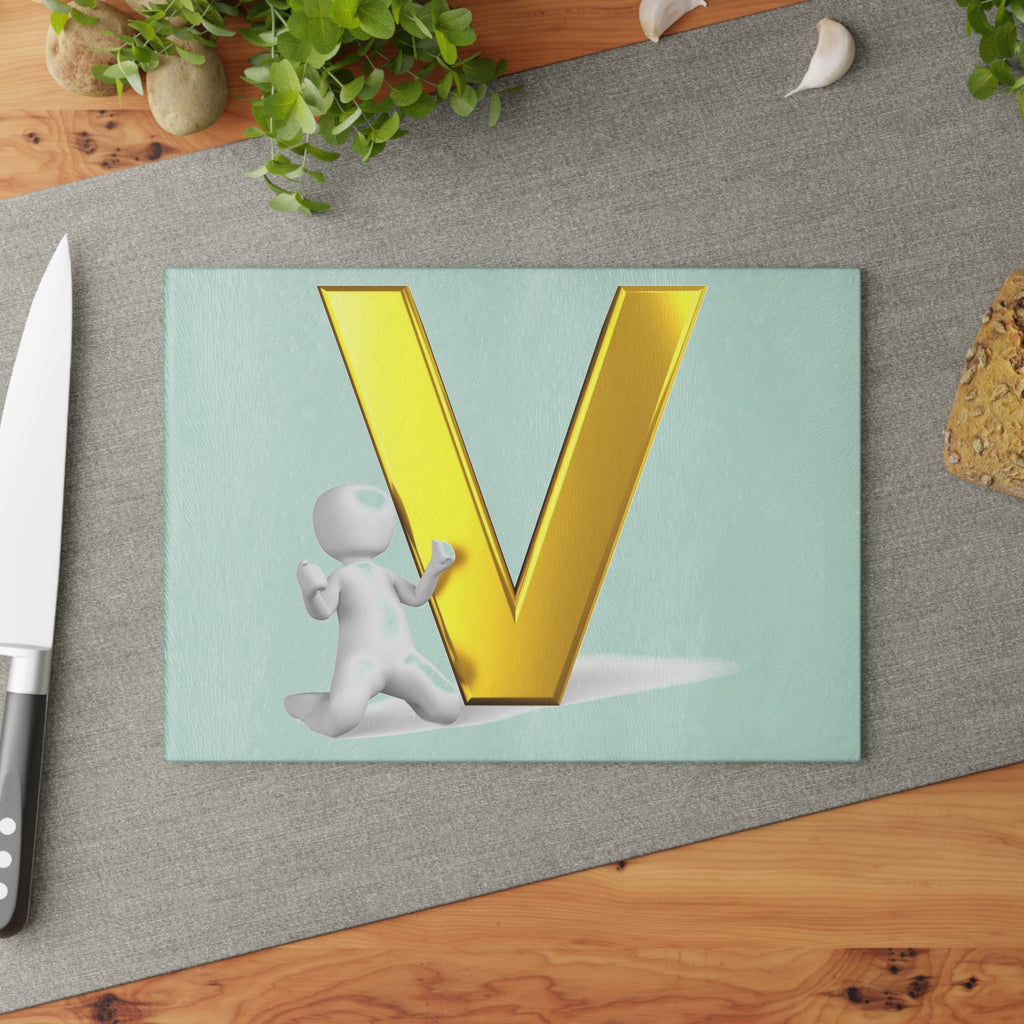 Gold Letter V with 3D Person Glass Cutting Board | Monogram Kitchen Décor