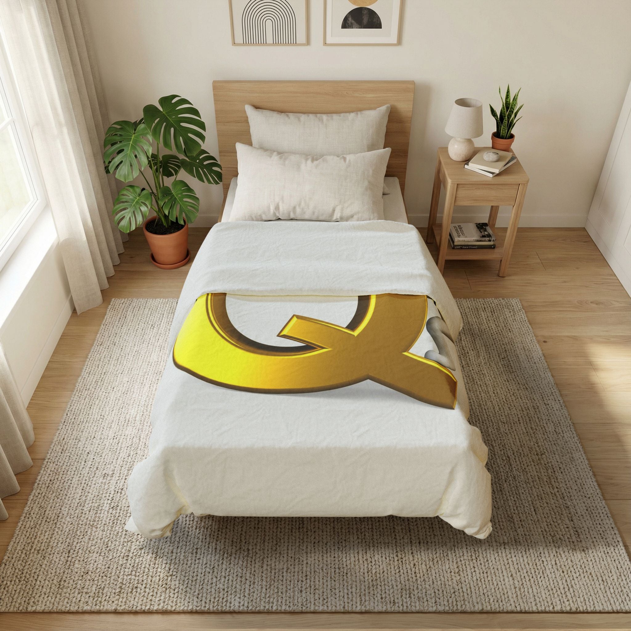 Gold Letter Q with Climbing Figure Cotton Duvet Cover | Monogram Initial Bedding
