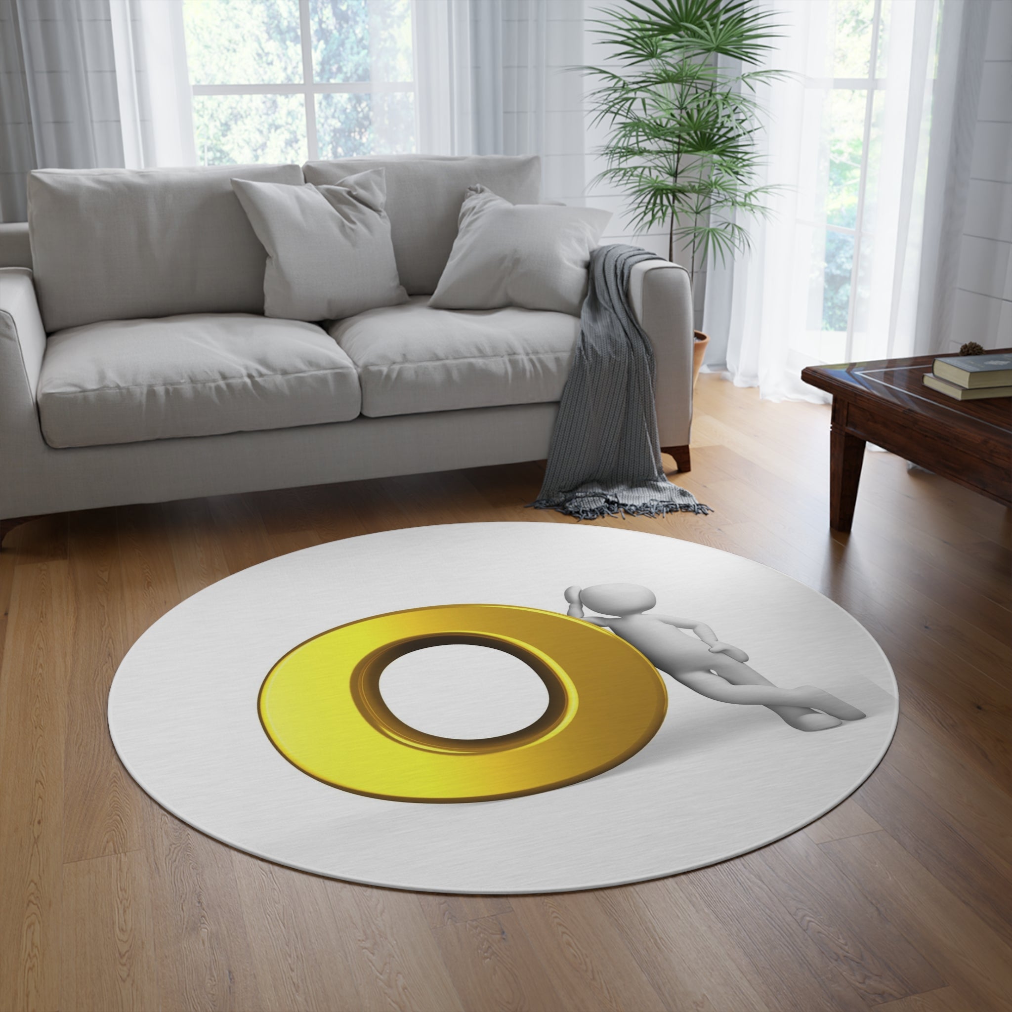 3D Gold Letter O with Leaning Figure Round Rug | Alphabet Monogram Home Decor