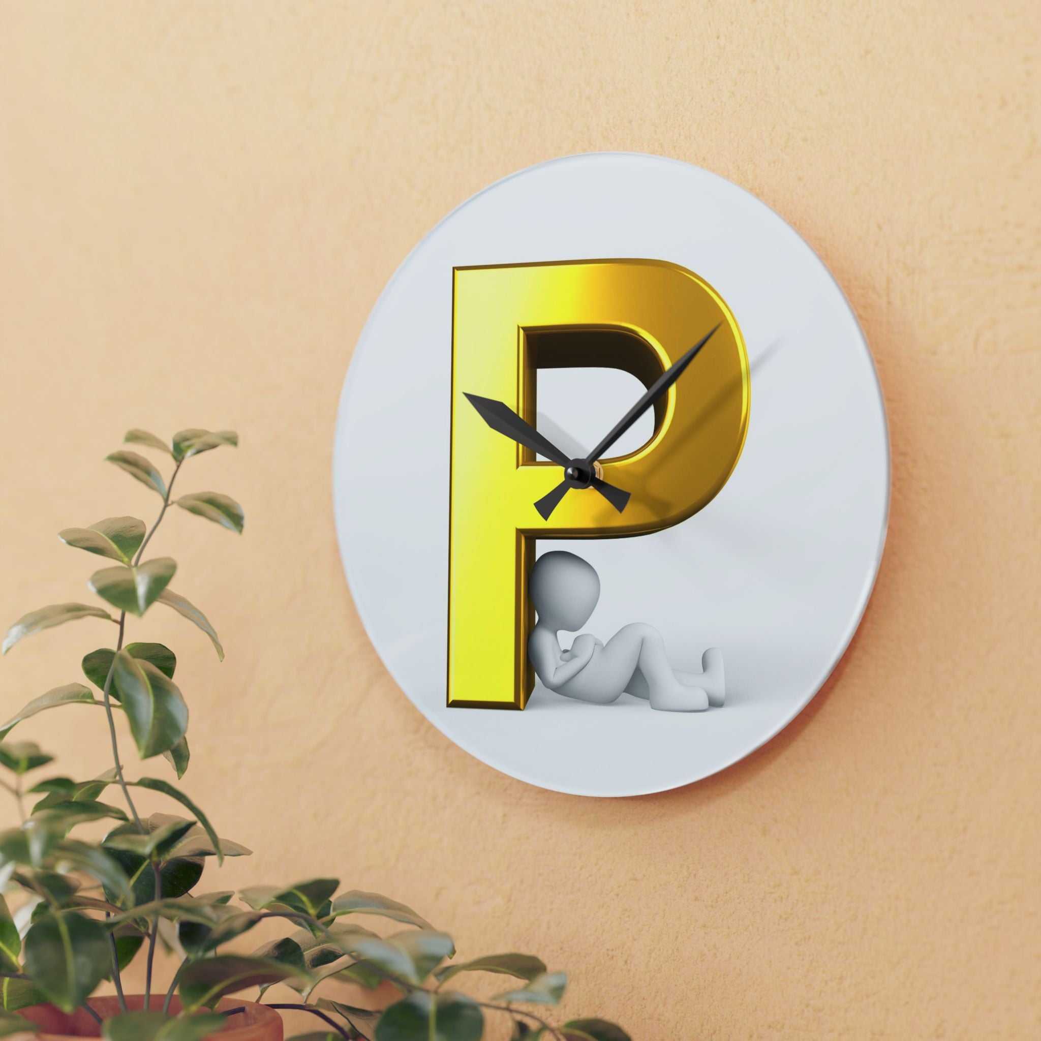 Golden Letter P Initial Acrylic Wall Clock | Monogram Decor