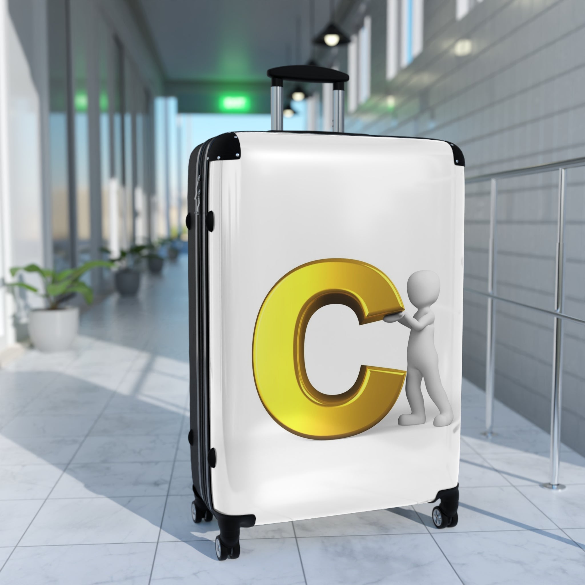 3D Person Pushing Gold Letter C Suitcase | Personalized Luggage Cover