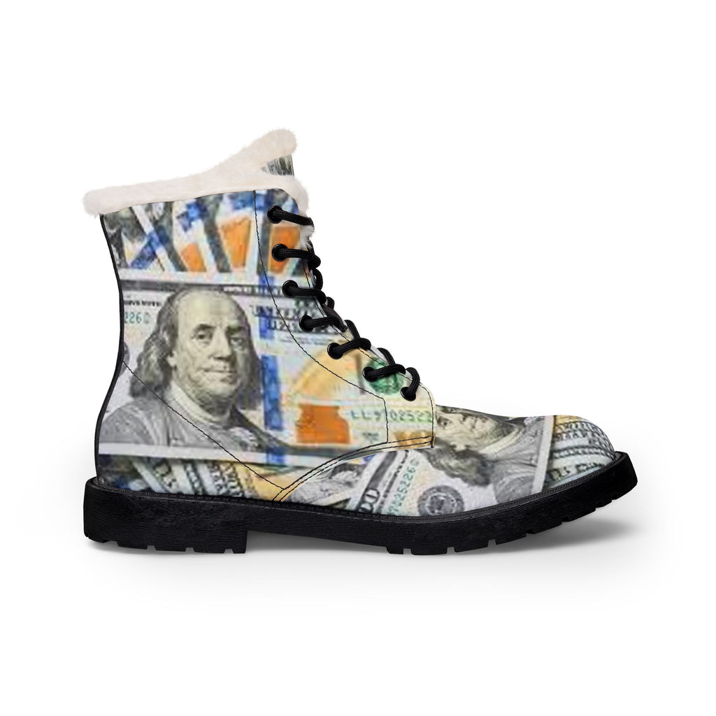 Hundred Dollar Bill Print Boots | Leather Fur-Lined Boots