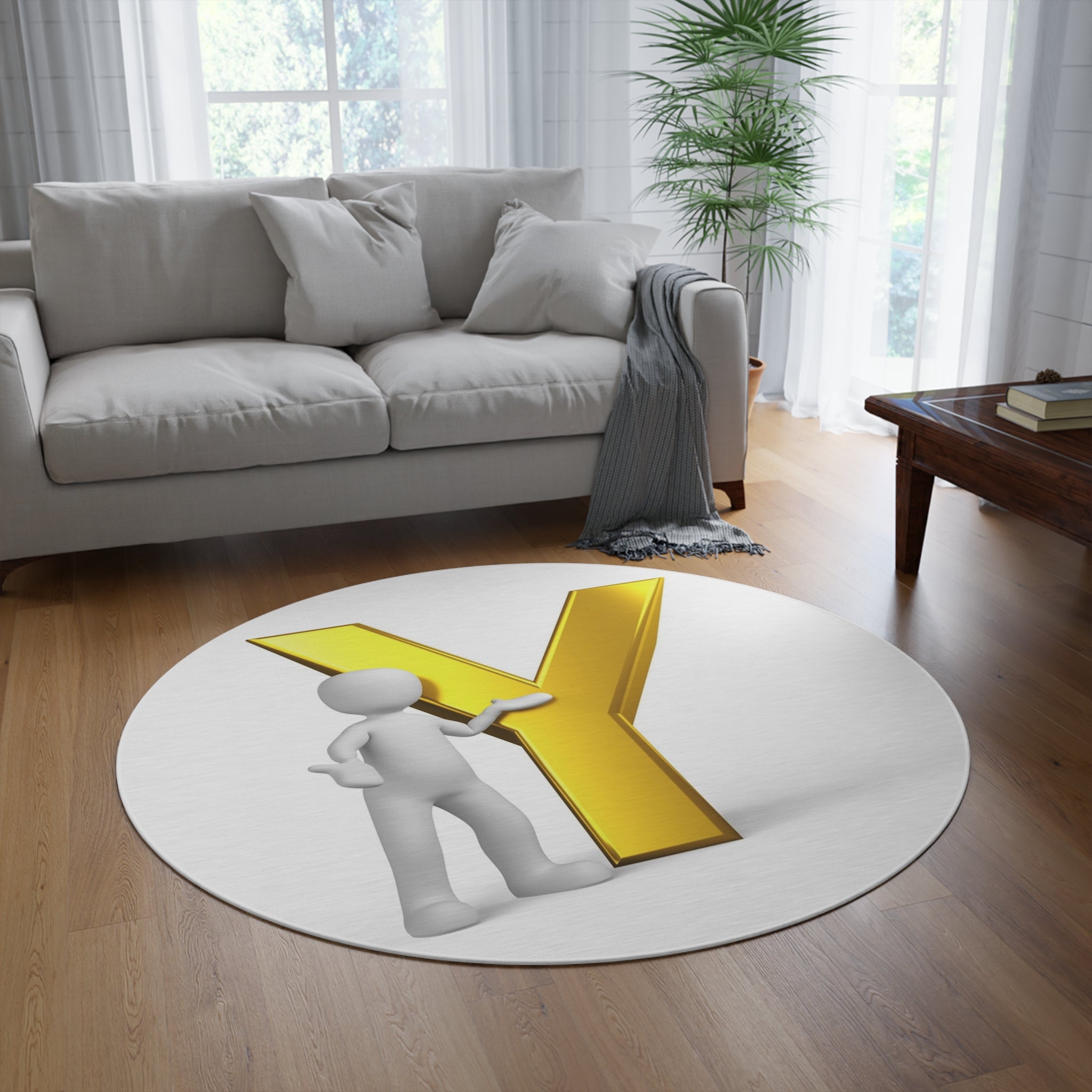 Gold Letter Y with 3D Figure Round Rug | Monogram Home Decor