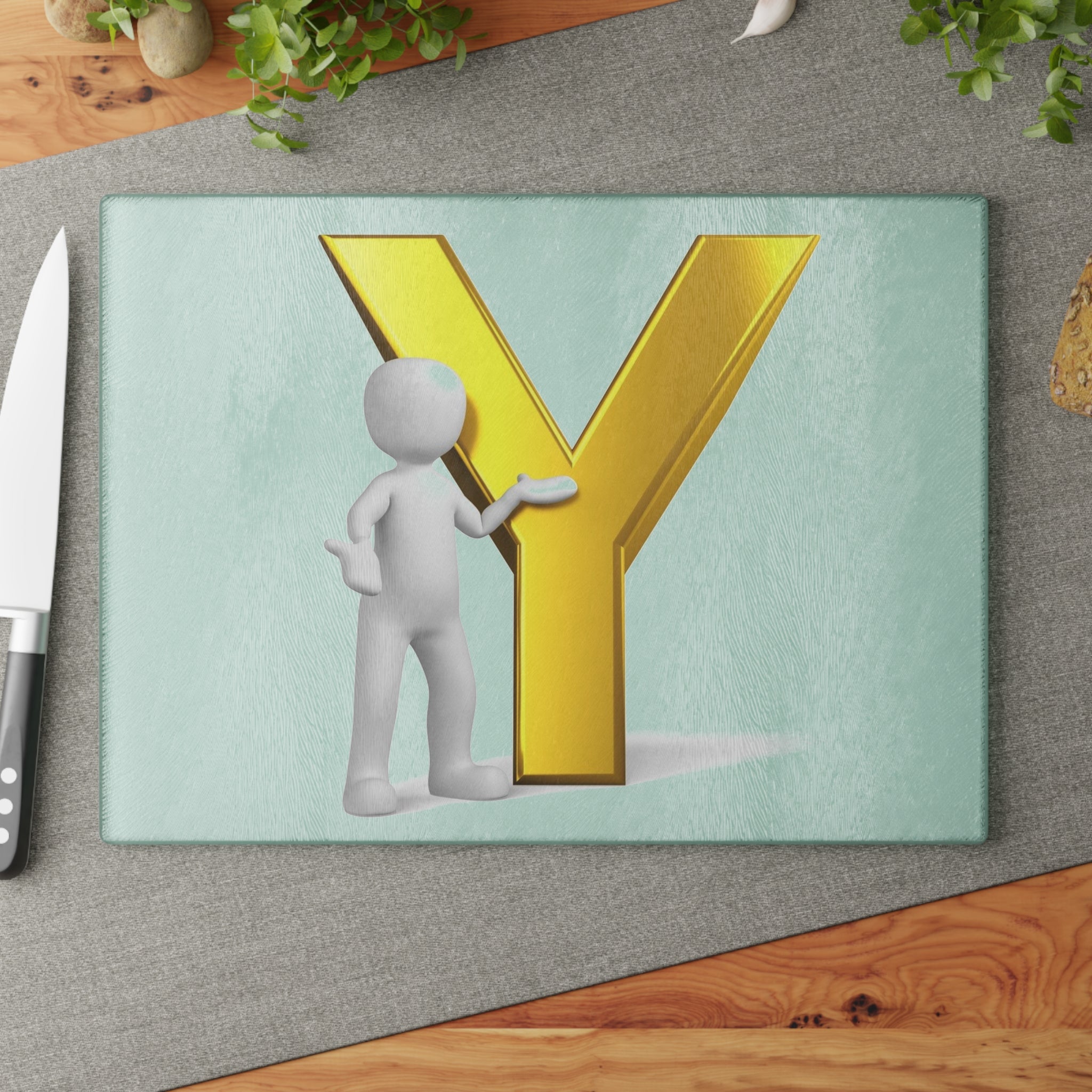 Gold Letter Y with 3D Figure Glass Cutting Board | Monogram Initial