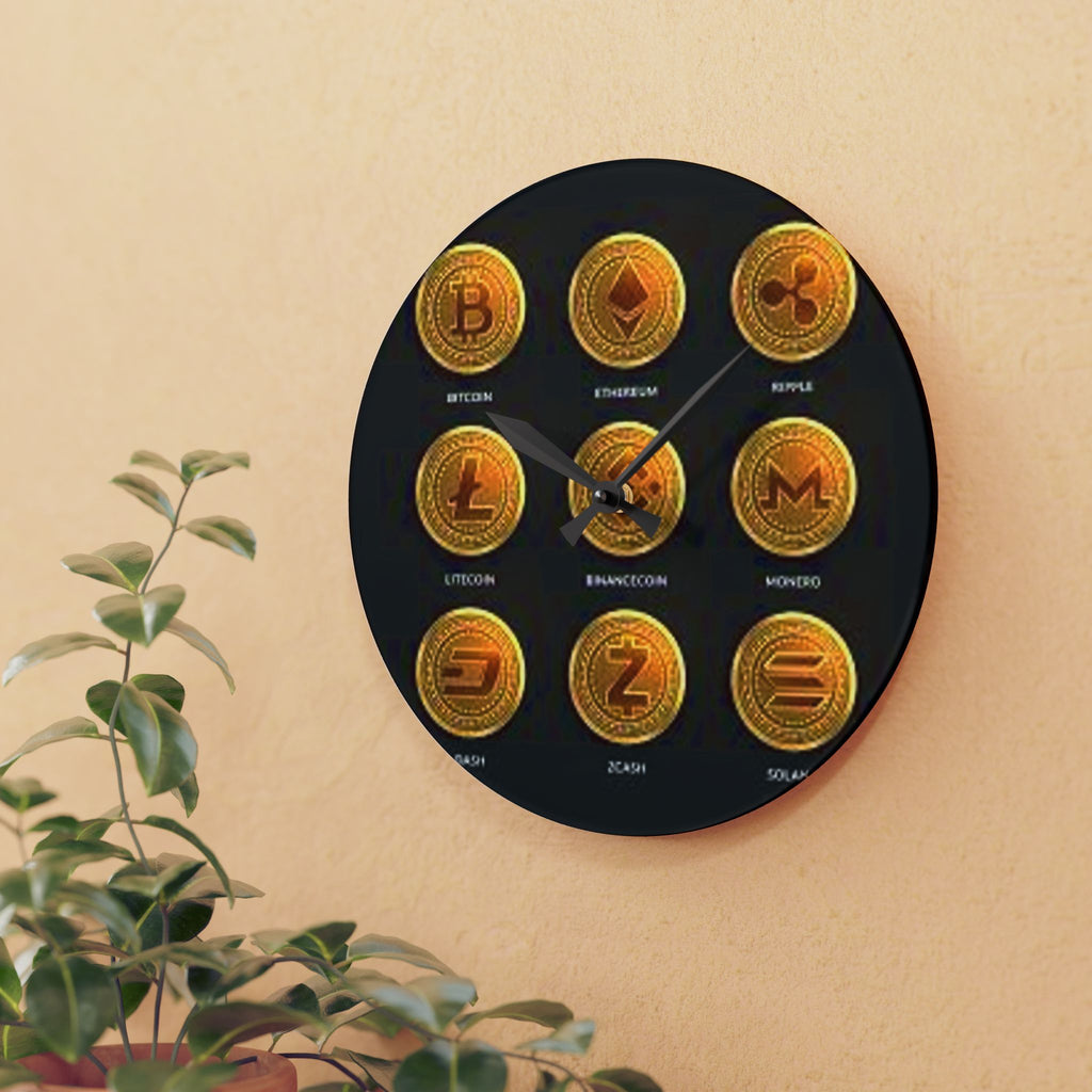 Cryptocurrency Coin Icons Acrylic Wall Clock | Bitcoin Ethereum Ripple Litecoin Monero