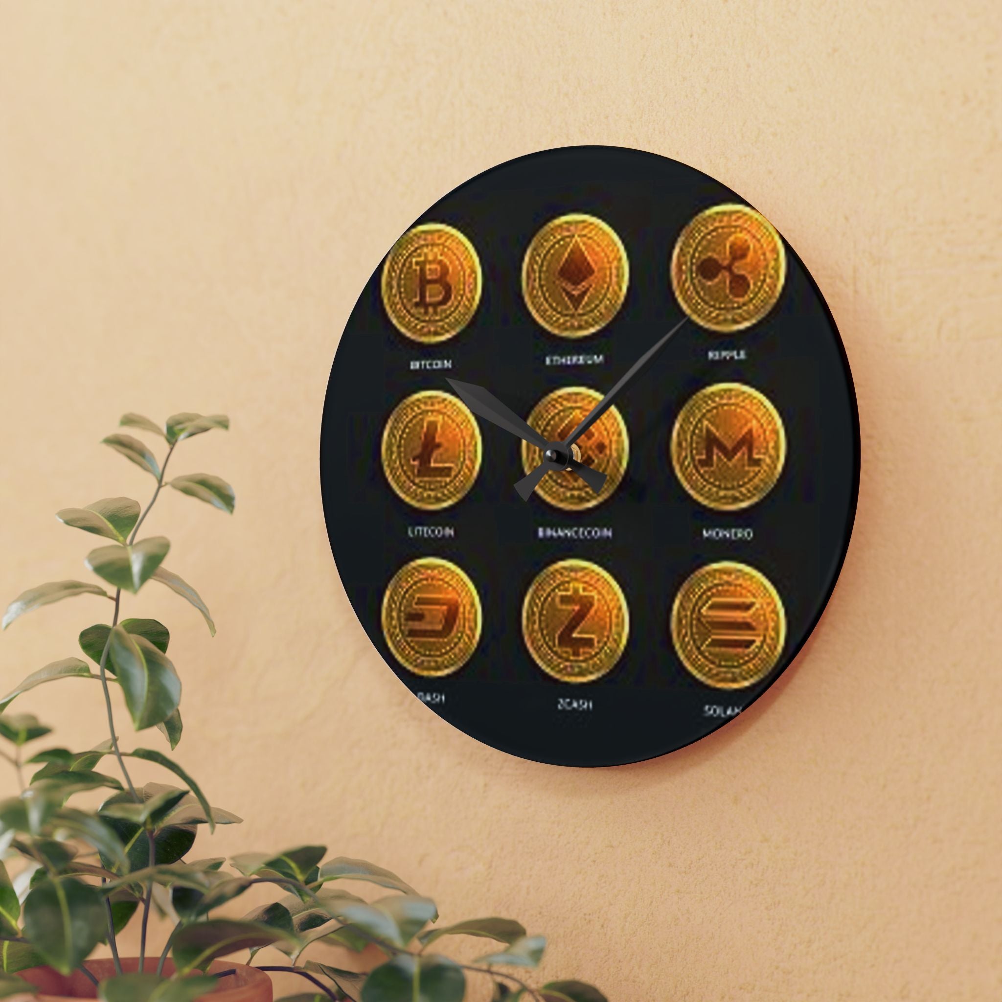 Cryptocurrency Coin Icons Acrylic Wall Clock | Bitcoin Ethereum Ripple Litecoin Monero