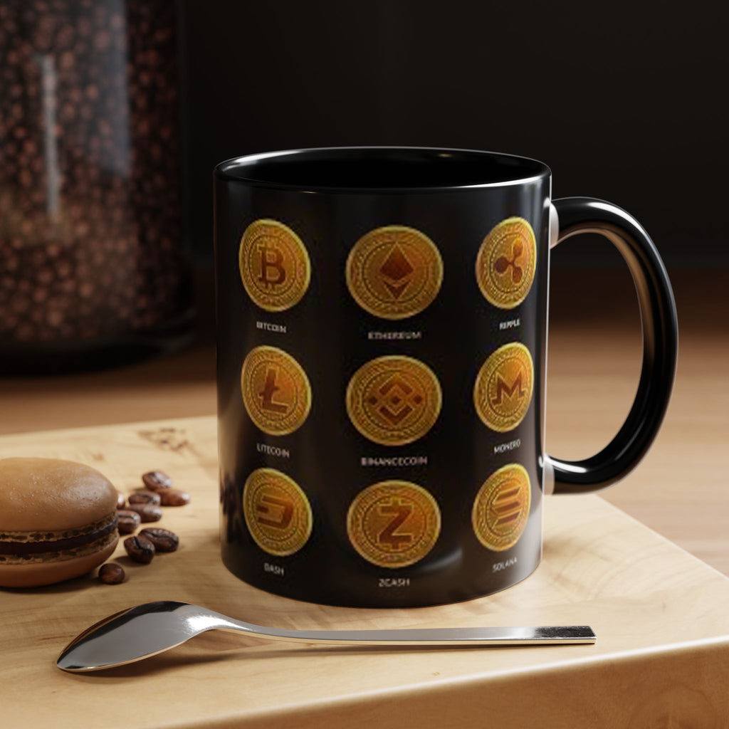 Cryptocurrency Coin Icons Accent Mug | Bitcoin Ethereum Litecoin Doge Coffee Mug