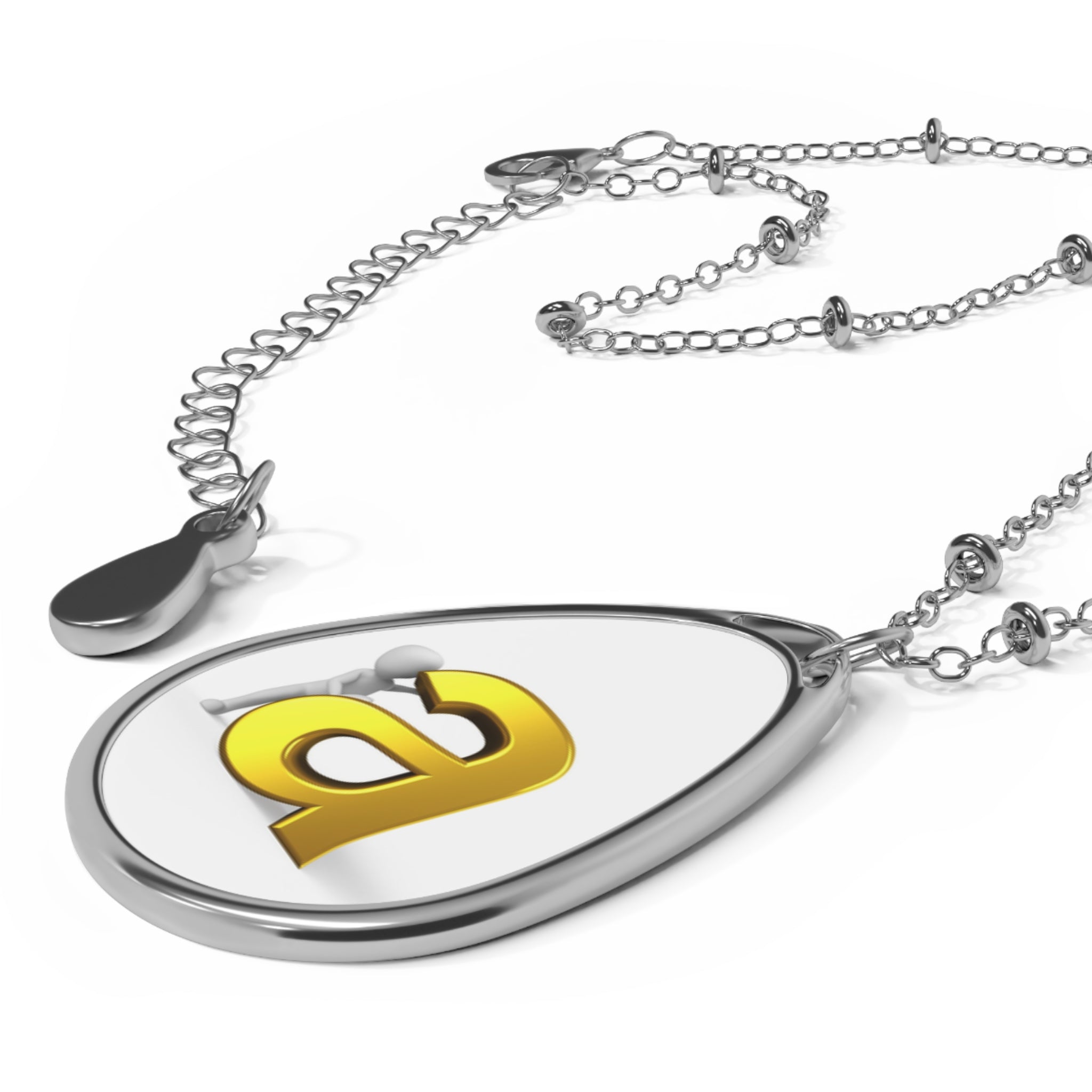 Personalized Oval Initial Letter A Necklace — Silver Teardrop Pendant with Gold Letter (Custom Monogram)