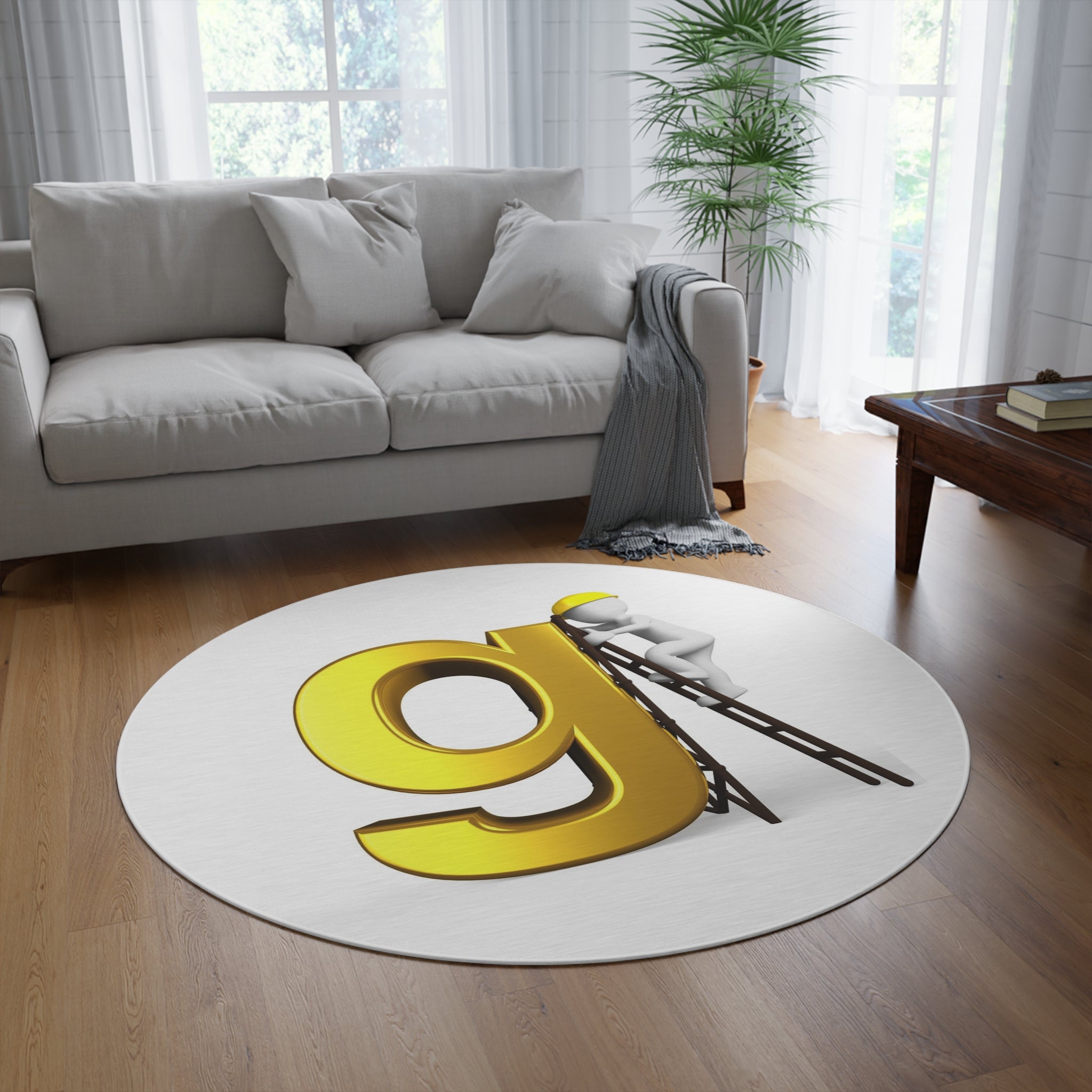 Gold Letter G with Worker Ladder Round Rug | Initial Monogram Floor Mat