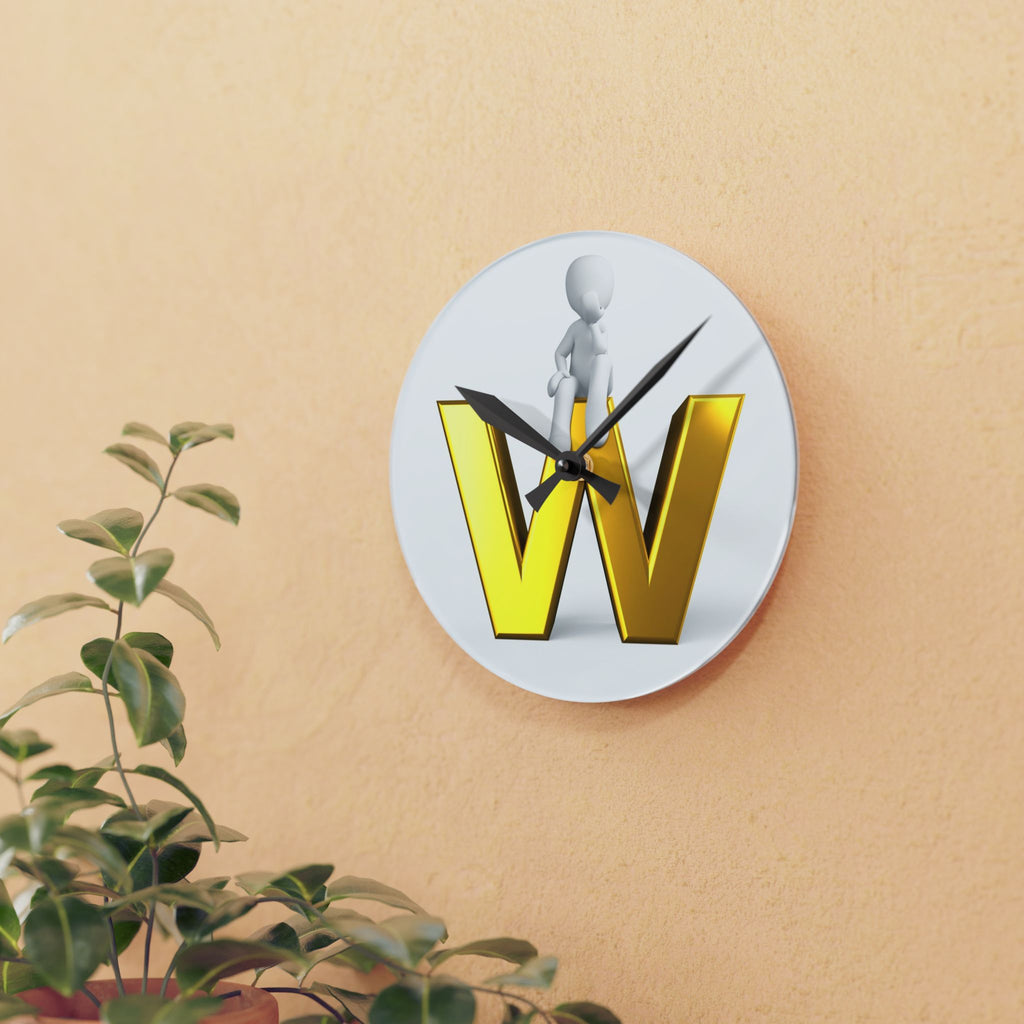 Gold Letter W with Figure Acrylic Wall Clock | Initial Monogram Decor