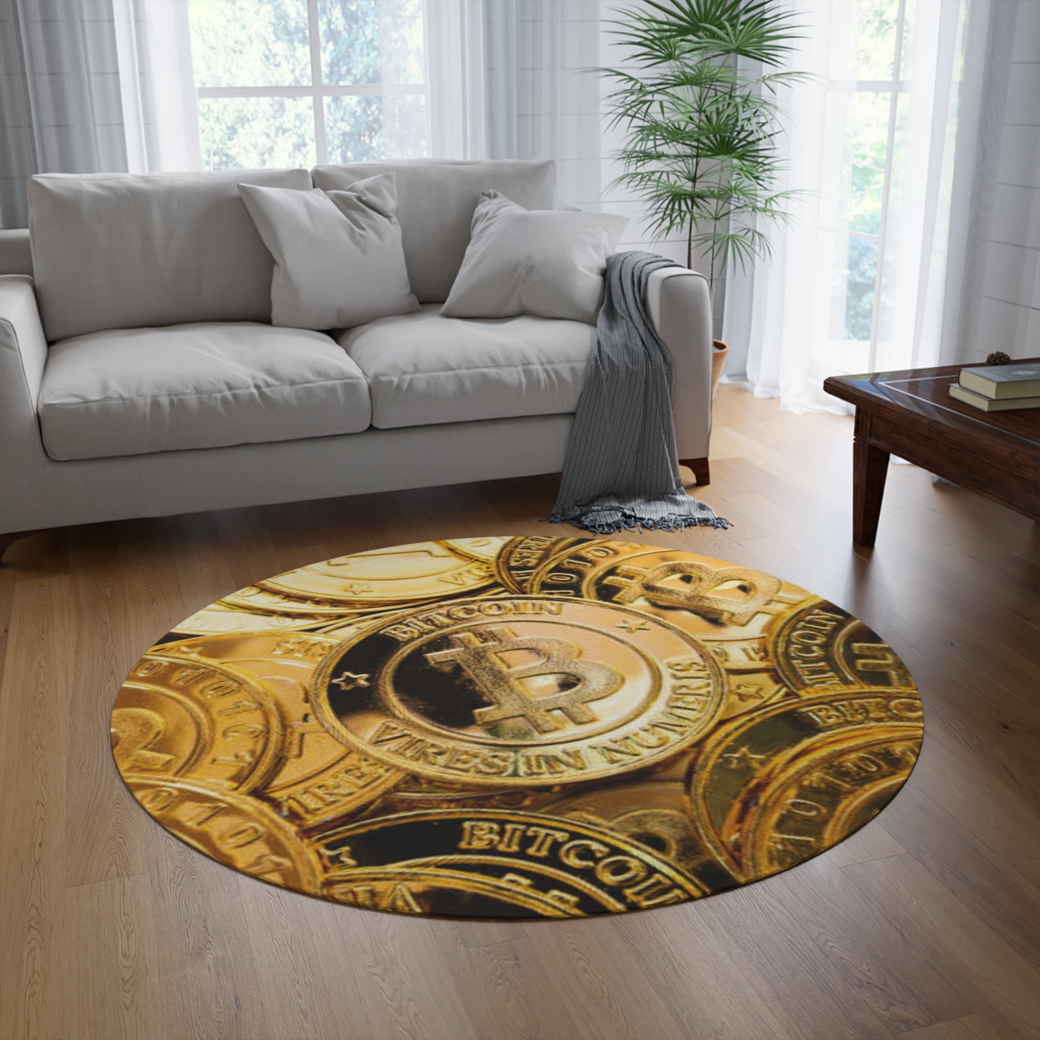 Bitcoin Coin Pile Round Rug | Cryptocurrency Decor, Gold Coin Pattern