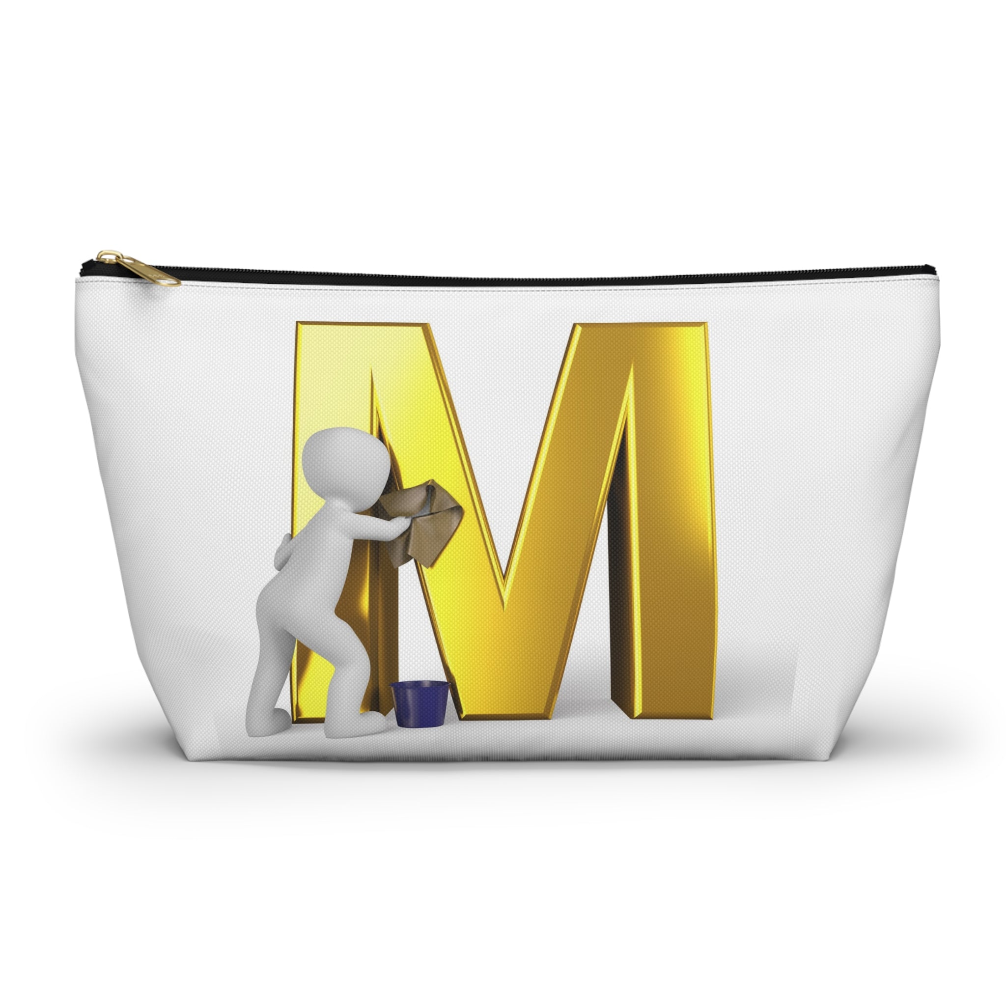 Gold Letter M with Painter Figure Accessory Pouch | Monogram Makeup Bag