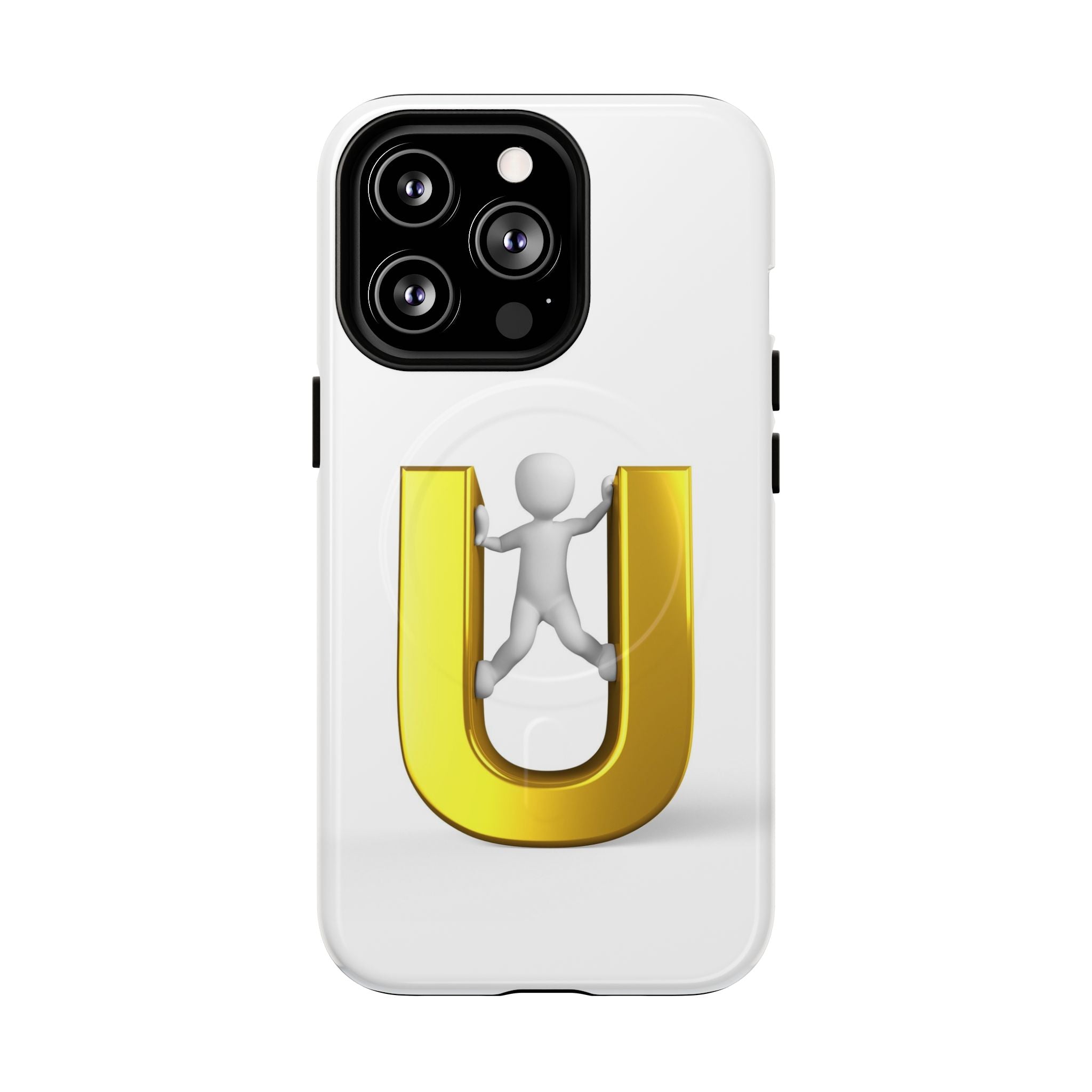 Coque de téléphone en 3D Dorée Lettre U avec Bonhomme Allumette | Coque Magnétique Robuste