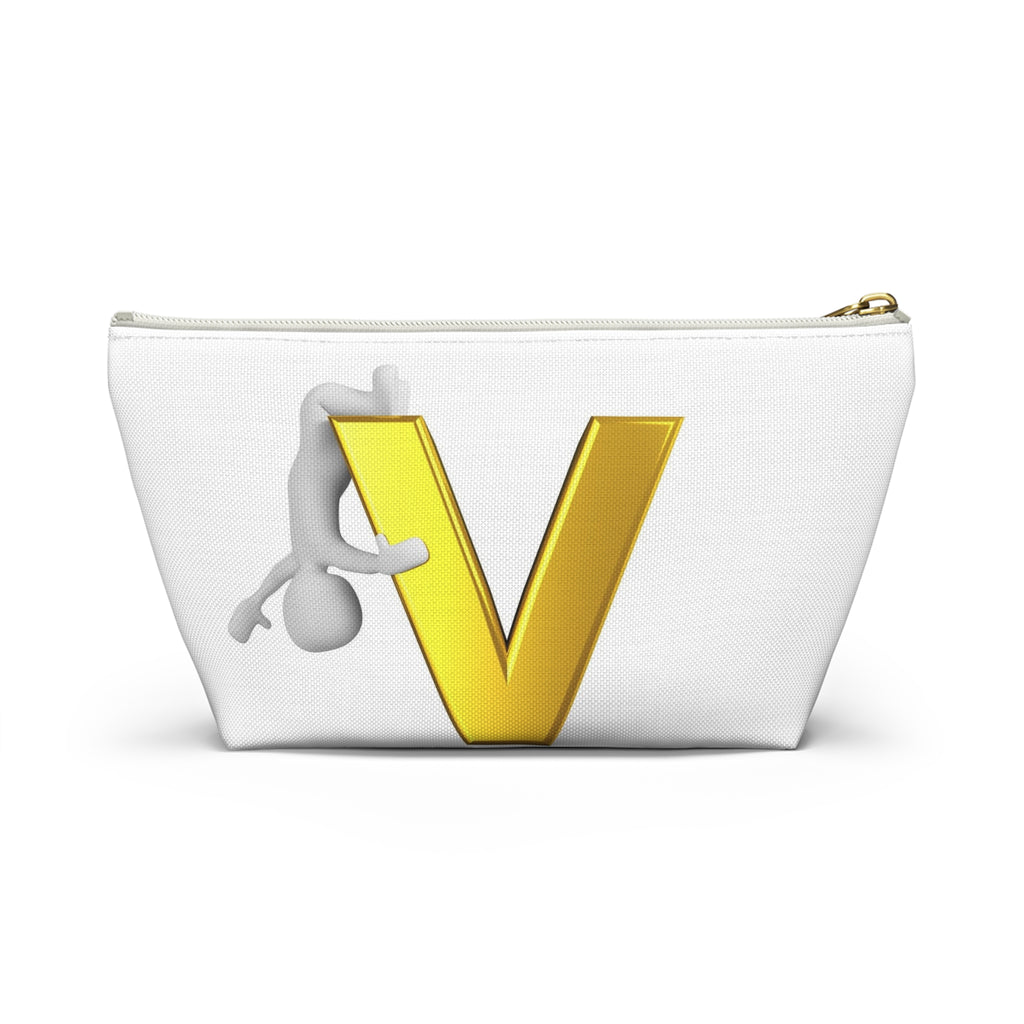 Gold Letter V with Hanging Stick Figure Accessory Pouch