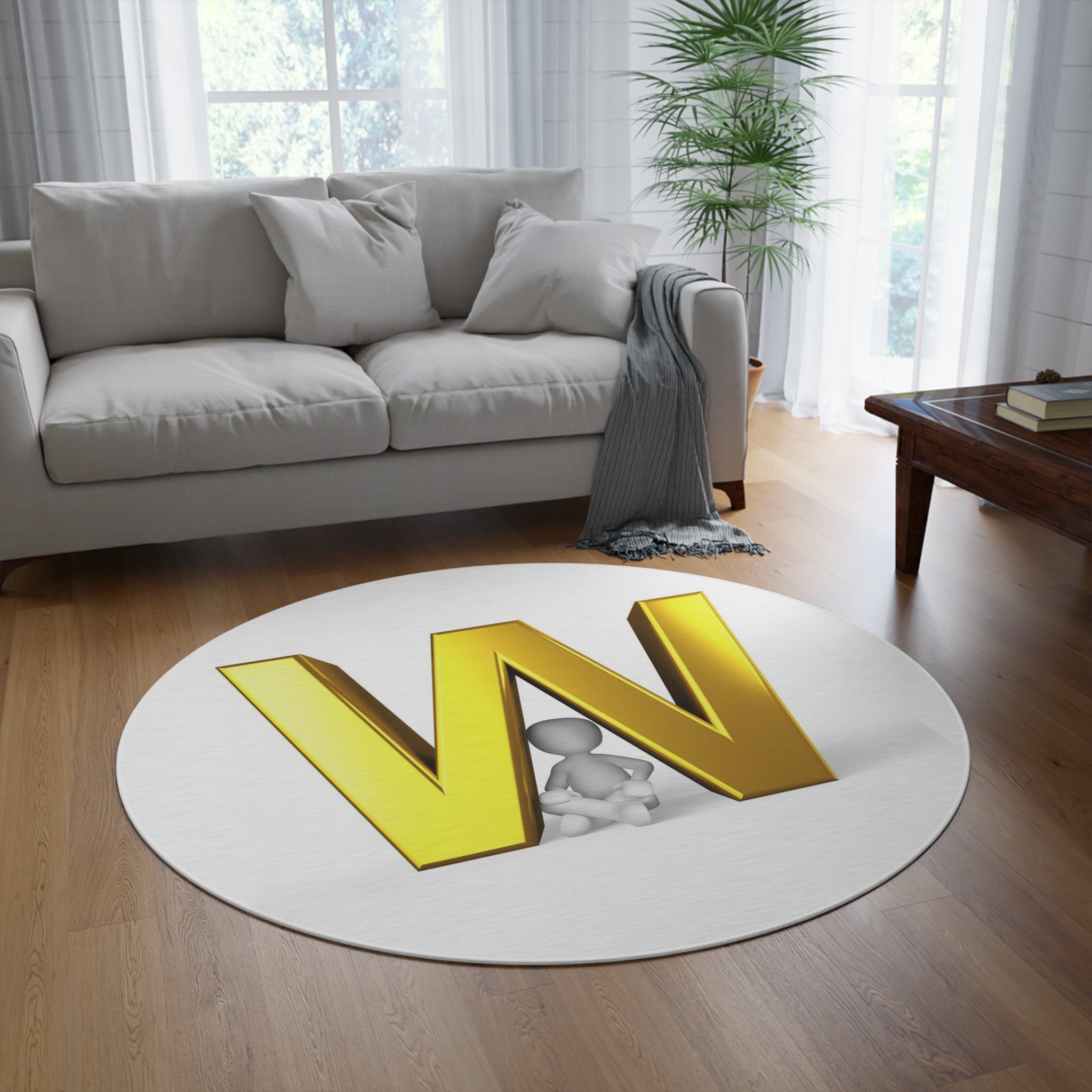 Gold Letter W with Sitting Figure Round Rug | Monogram Initial Rug