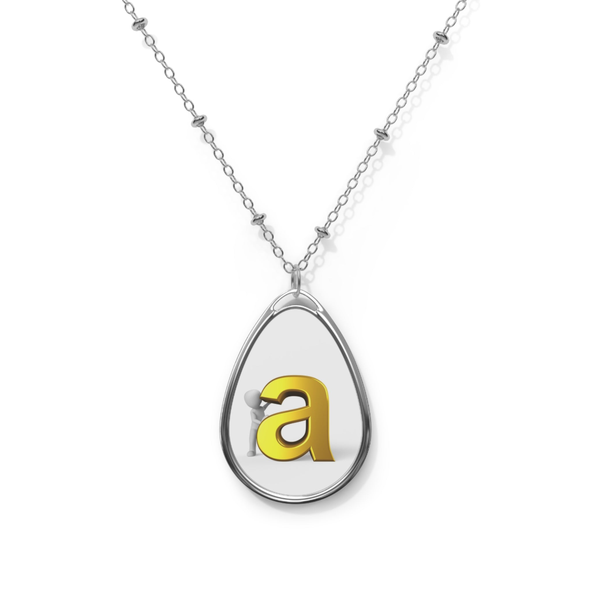 Personalized Oval Initial Letter A Necklace — Silver Teardrop Pendant with Gold Letter (Custom Monogram)