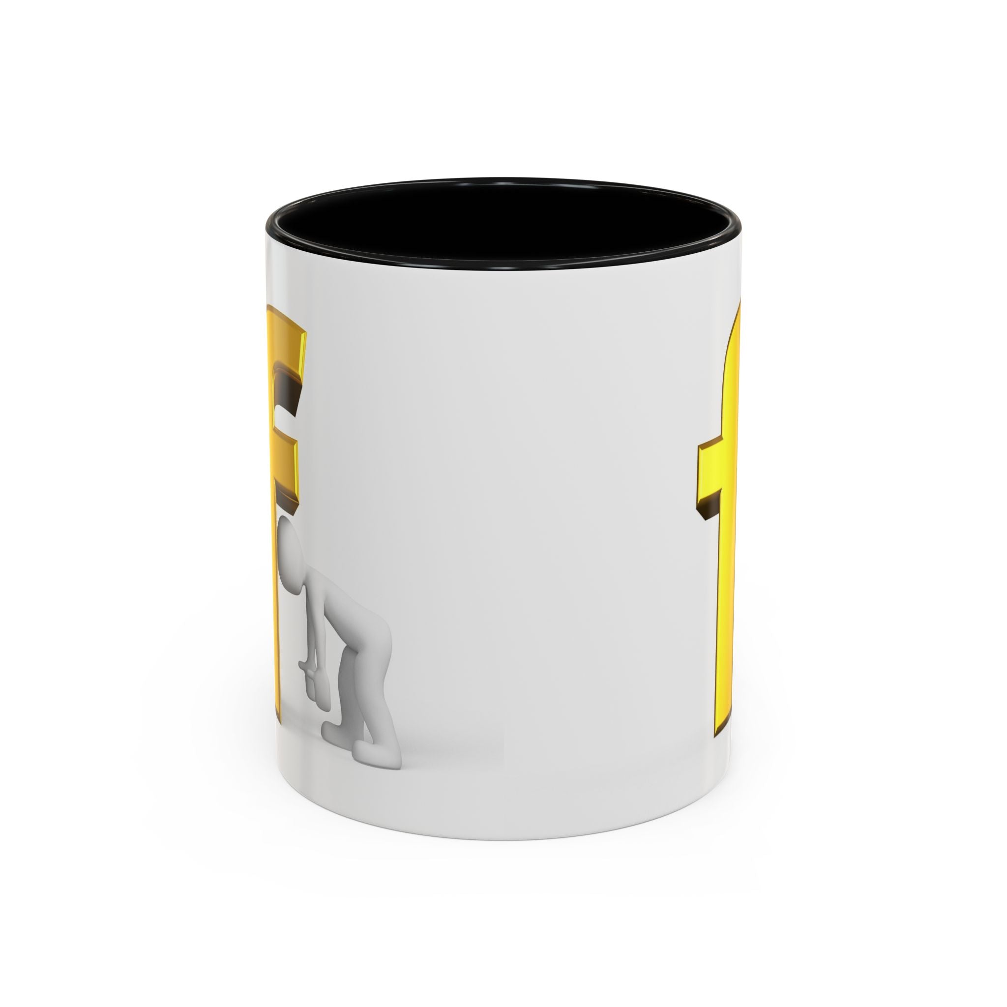 3D Tiny Figure Leaning on Gold Letter F Mug | Accent Coffee Mug