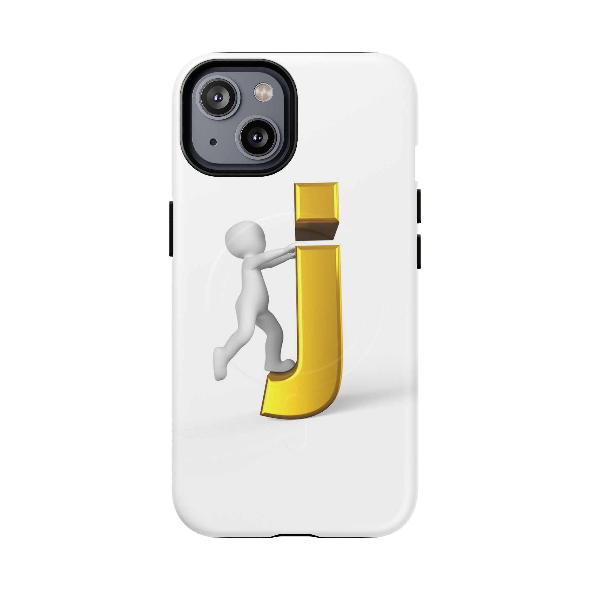 Coque de téléphone 3D Bonhomme allumette Poussant la lettre J dorée | Coque magnétique robuste