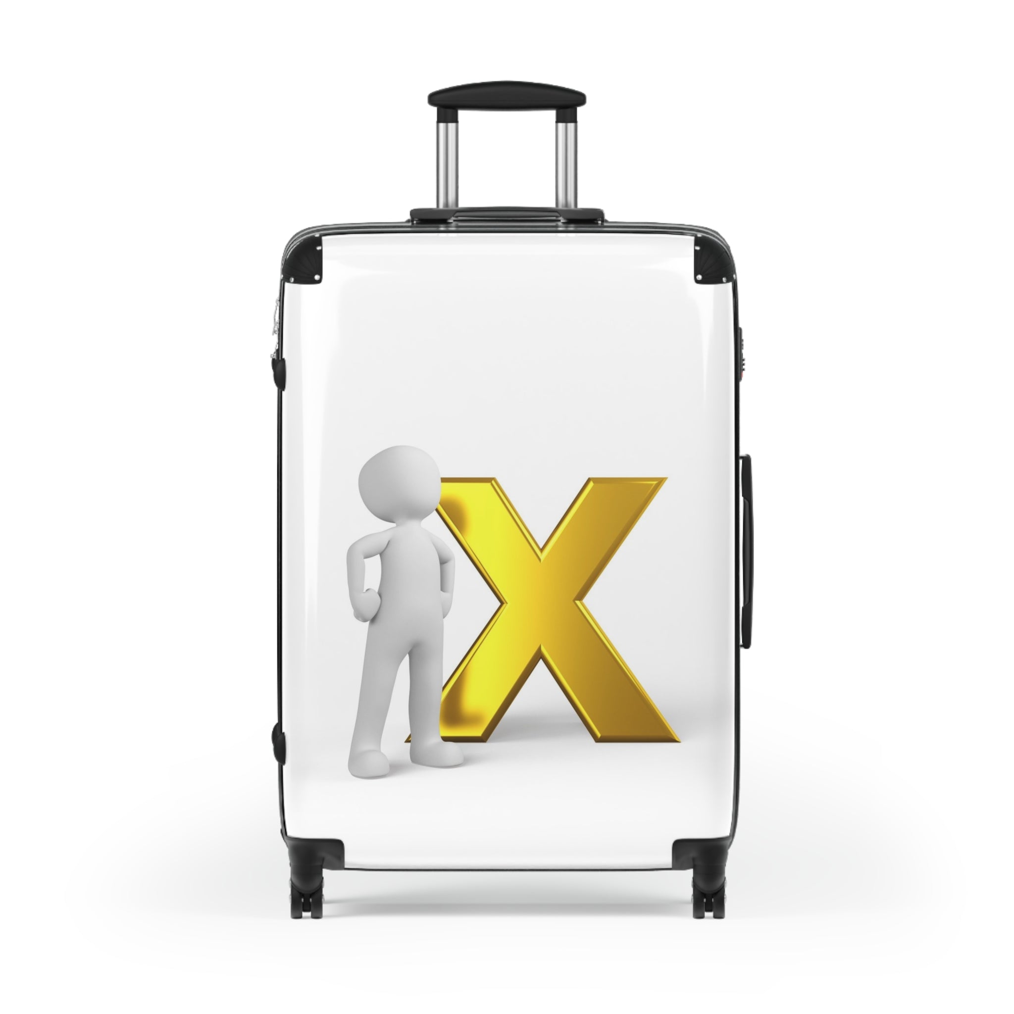 Bonhomme allumette 3D avec valise dorée en forme de X | Autocollant de bagage personnalisé