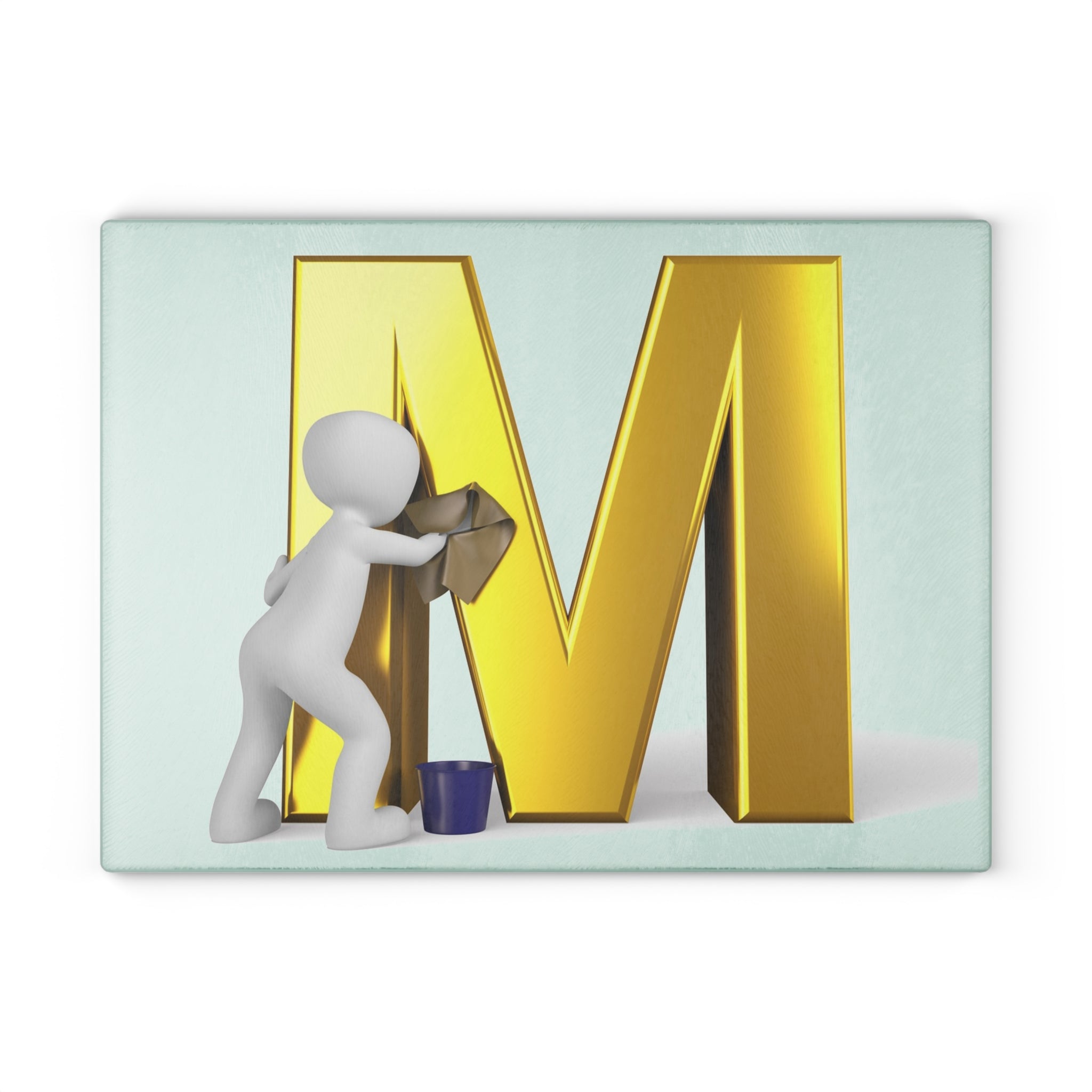 Gold Letter M with Cleaner Illustration Glass Cutting Board | Monogram Kitchen Decor