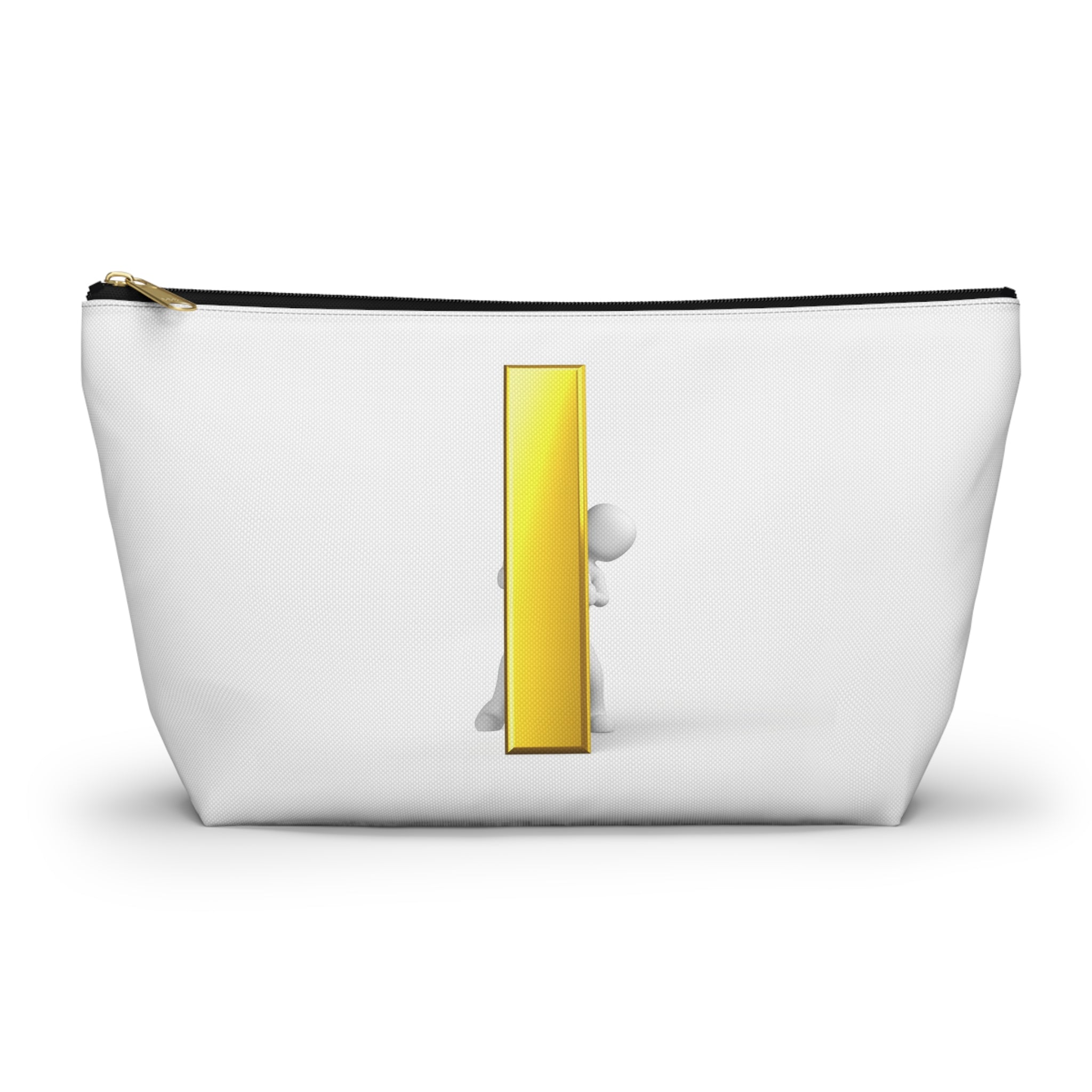 Trousse à accessoires en forme de bonhomme allumette 3D tenant la lettre dorée « i » | Trousse de toilette à fond plat