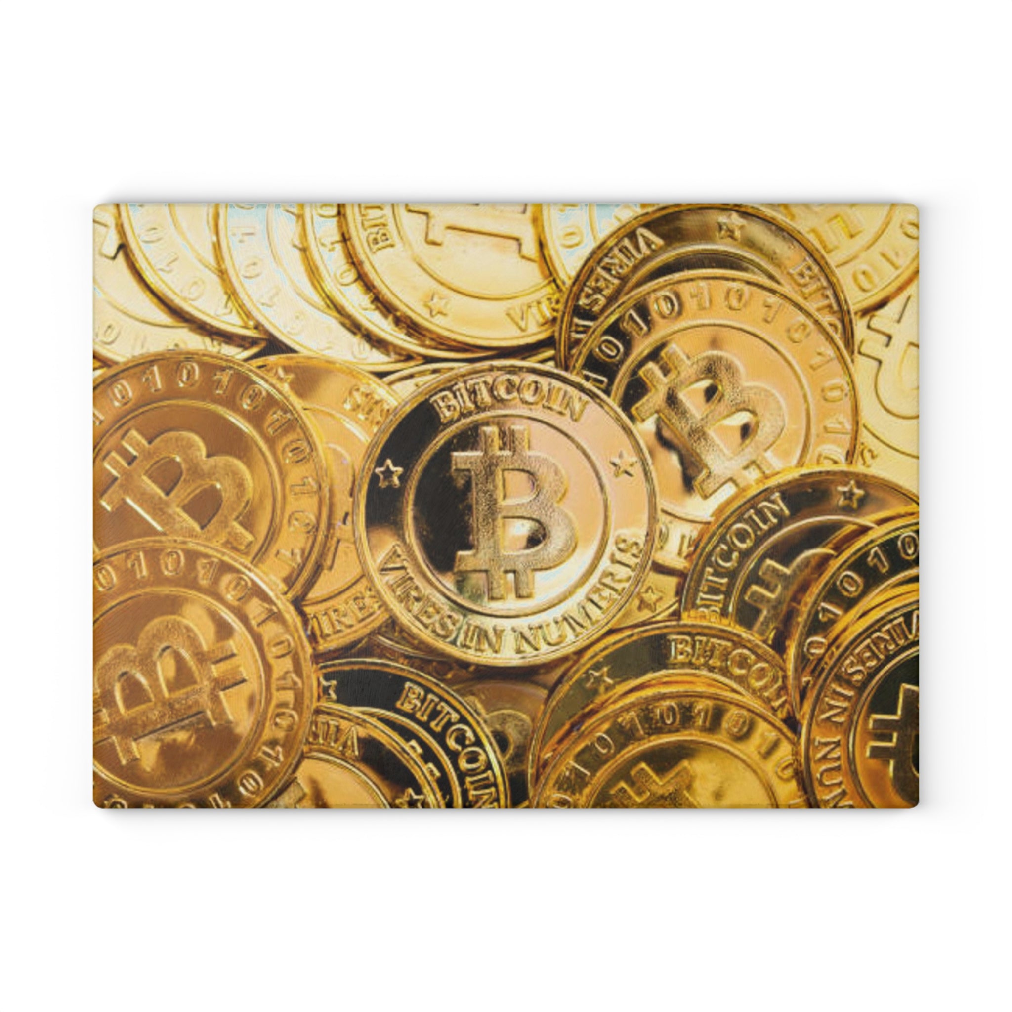 Bitcoin Gold Coins Glass Cutting Board | Cryptocurrency Kitchen Decor