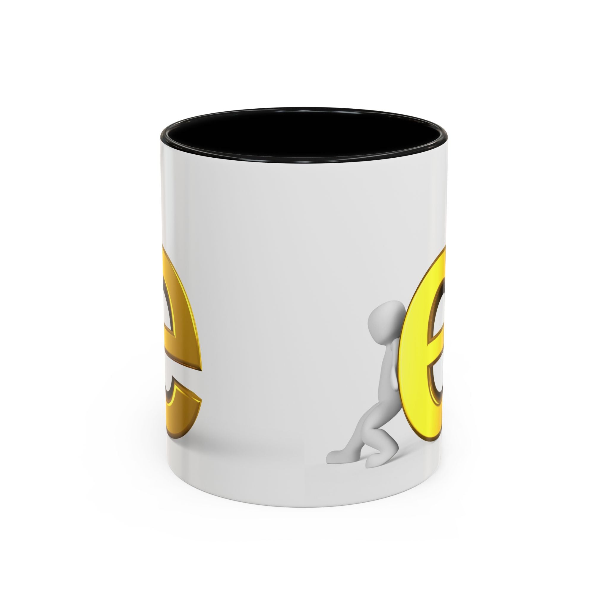 3D Stick Figure Pushing Gold Letter e Accent Coffee Mug | Black Handle, Interior