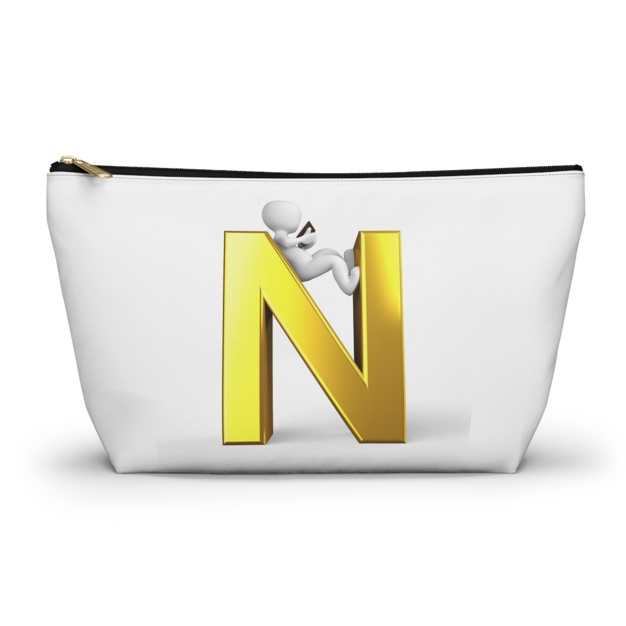 Gold Letter N with Climbing Figure Accessory Pouch | Monogram Makeup Bag
