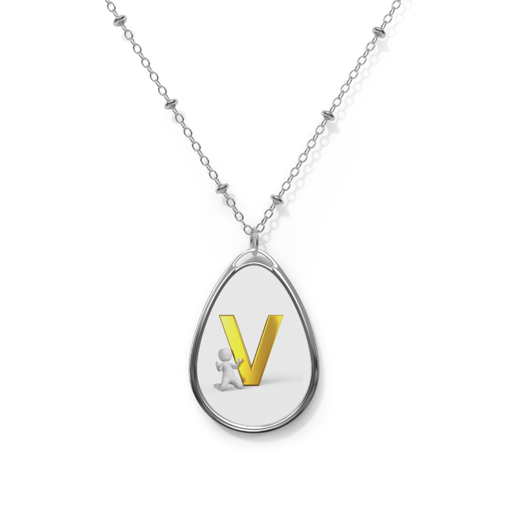 Personalized Oval Initial Necklace — Gold Letter V Pendant